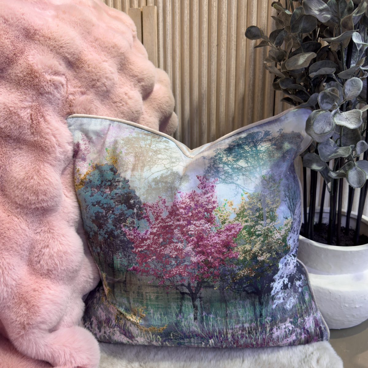 Blue & Pink Woodland Motif Cushion - 45x45cm