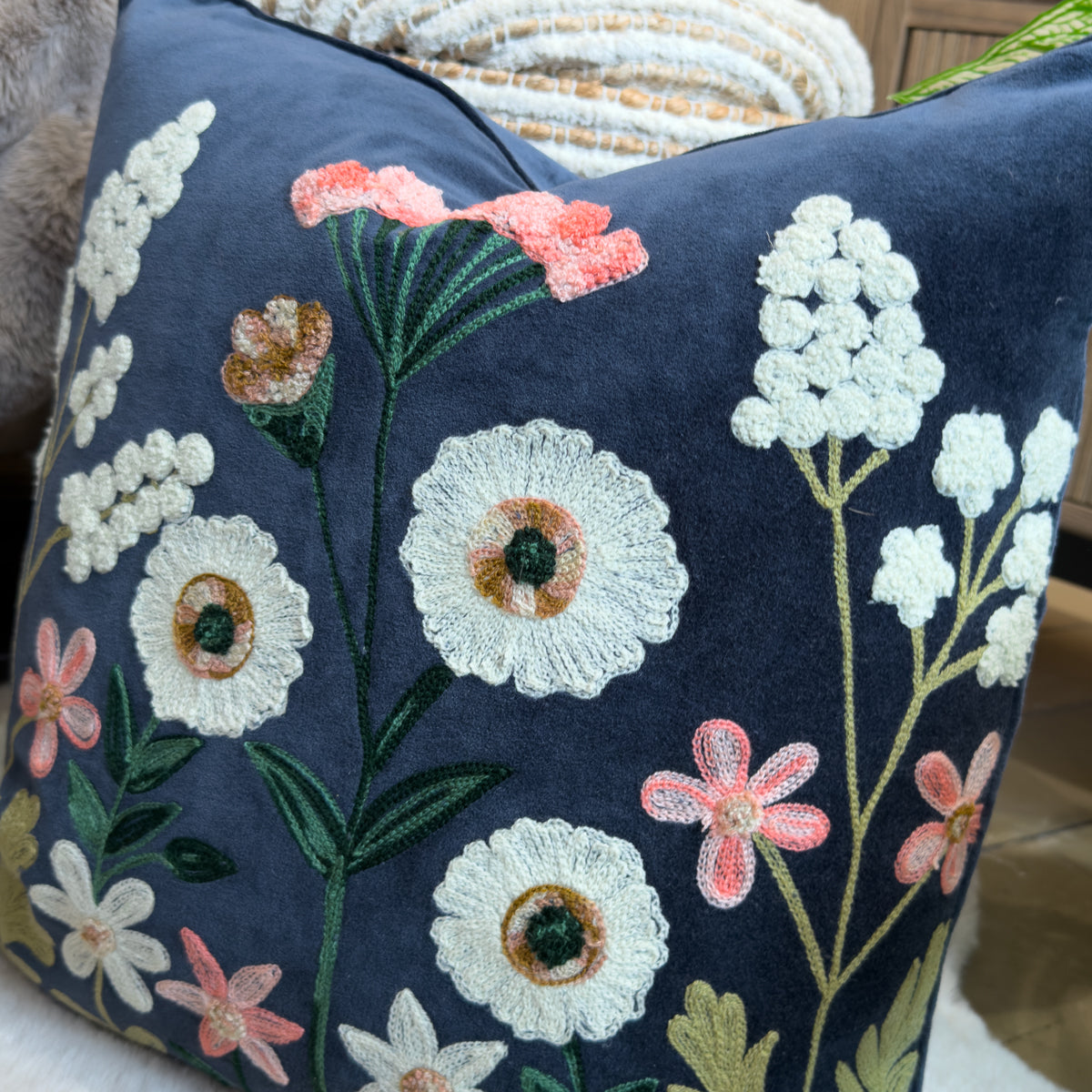 Navy Traditional Floral Embroidered Cushion -50x50cm