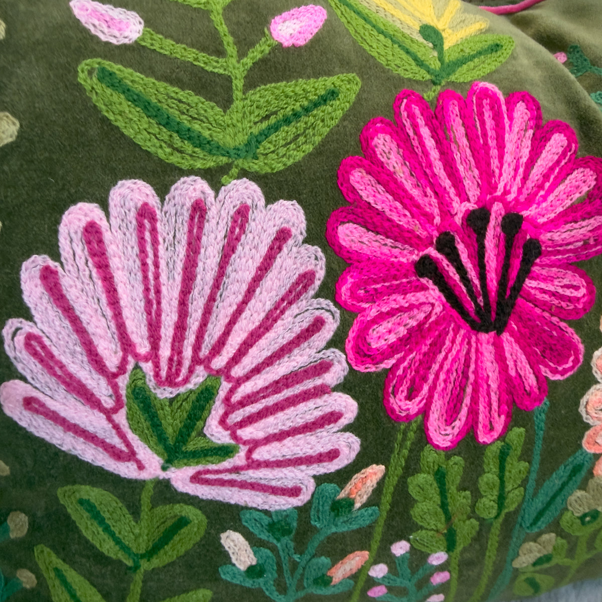Olive & Pink Embroidered Flower Cushion - 40x60cm