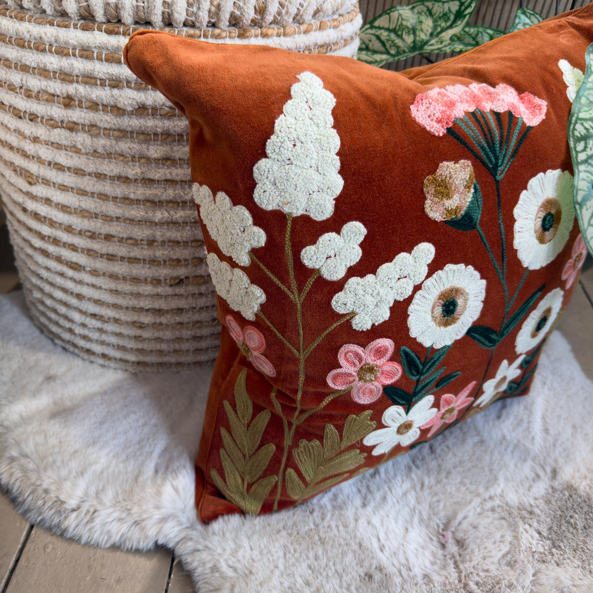 Orange Traditional Floral Embroidered Cushion - 50x50cm