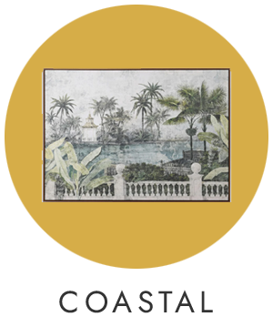 Decorative image of a coastal scene with palm trees and a pool, framed within a yellow circle.