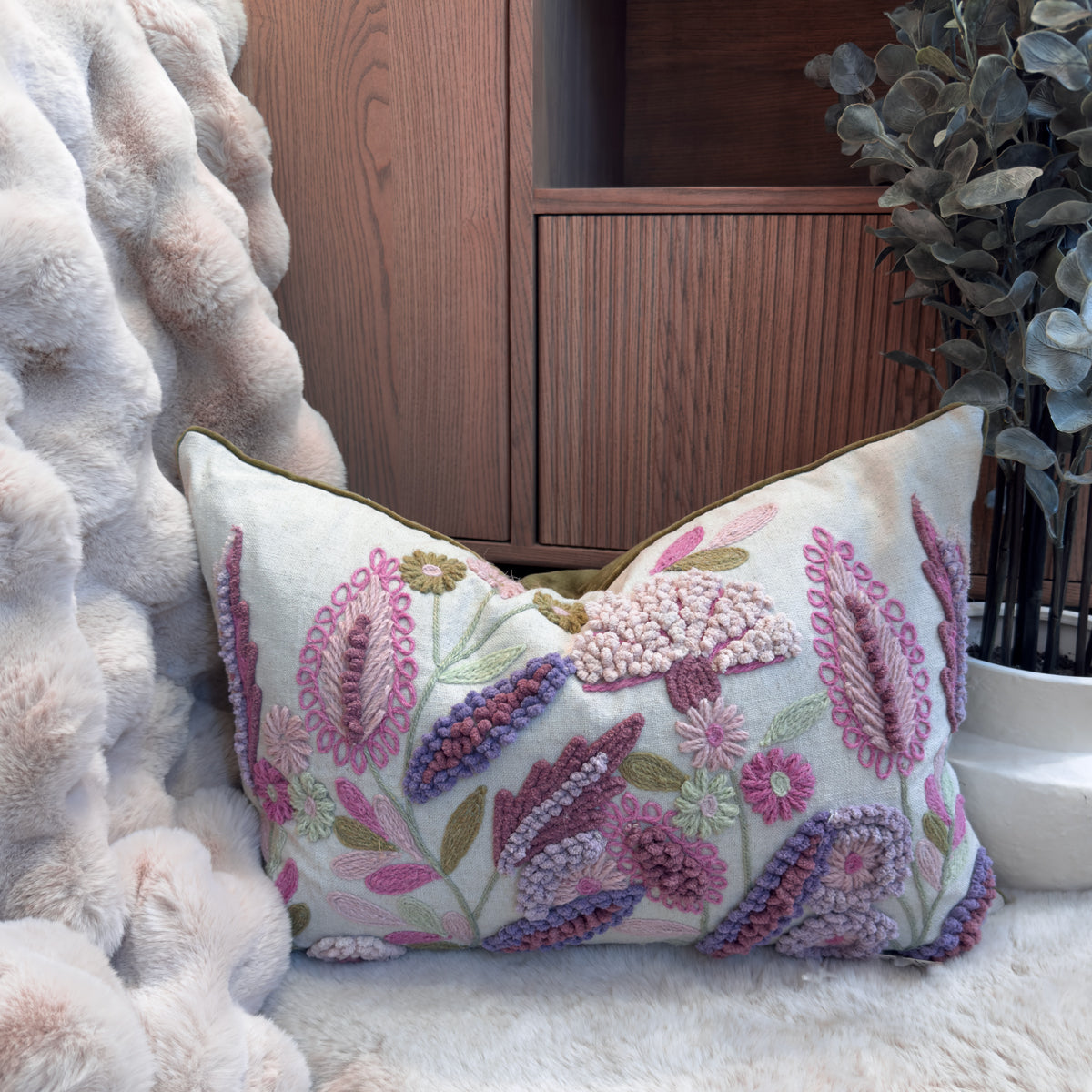 Cream Linen & Pastel Floral Embroidered Cushion - 40x60cm