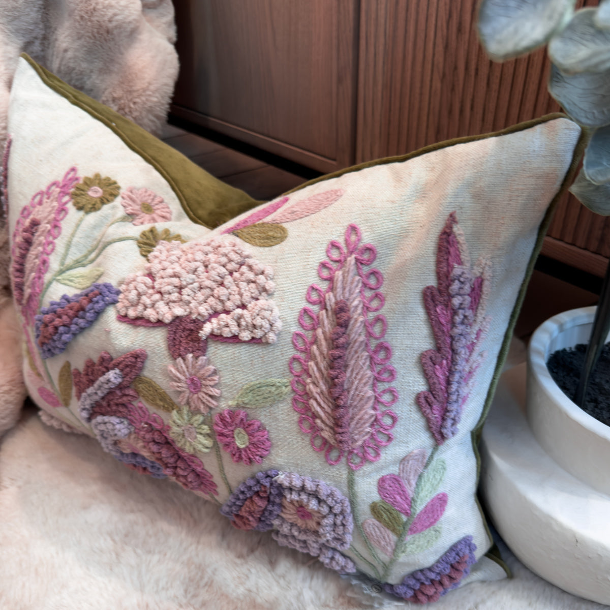 Cream Linen & Pastel Floral Embroidered Cushion - 40x60cm