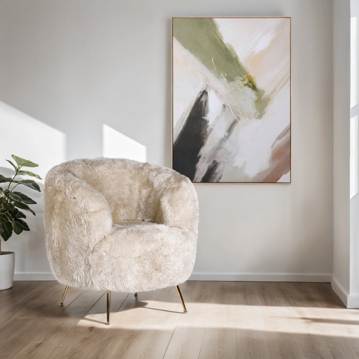A cream sheepskin chair in a white living room with an abstract canvas on the wall.
