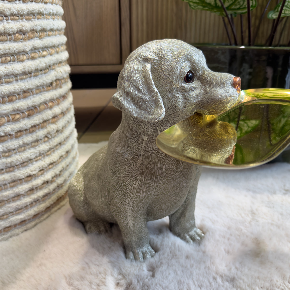 Silver Dog  Sculpture With Gold Tray
