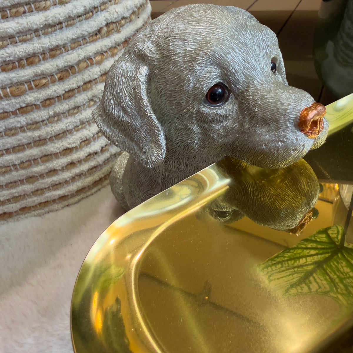 Silver Dog  Sculpture With Gold Tray