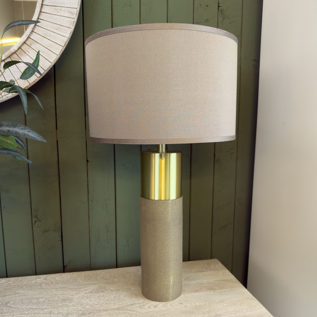 Taupe Shagreen & Brass Cylindrical Lamp
