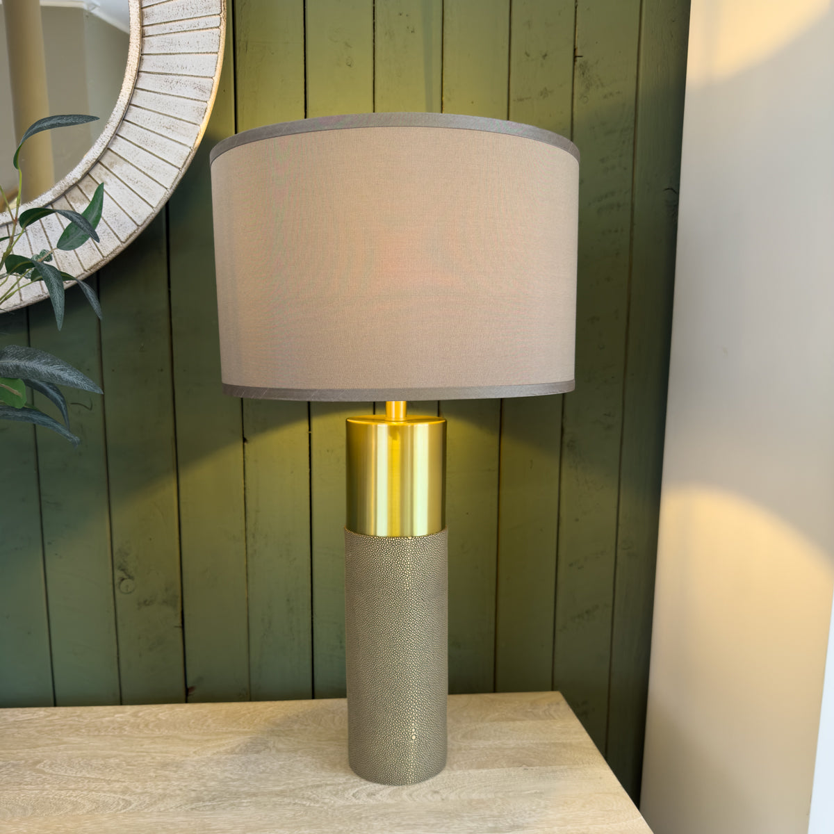 Taupe Shagreen & Brass Cylindrical Lamp