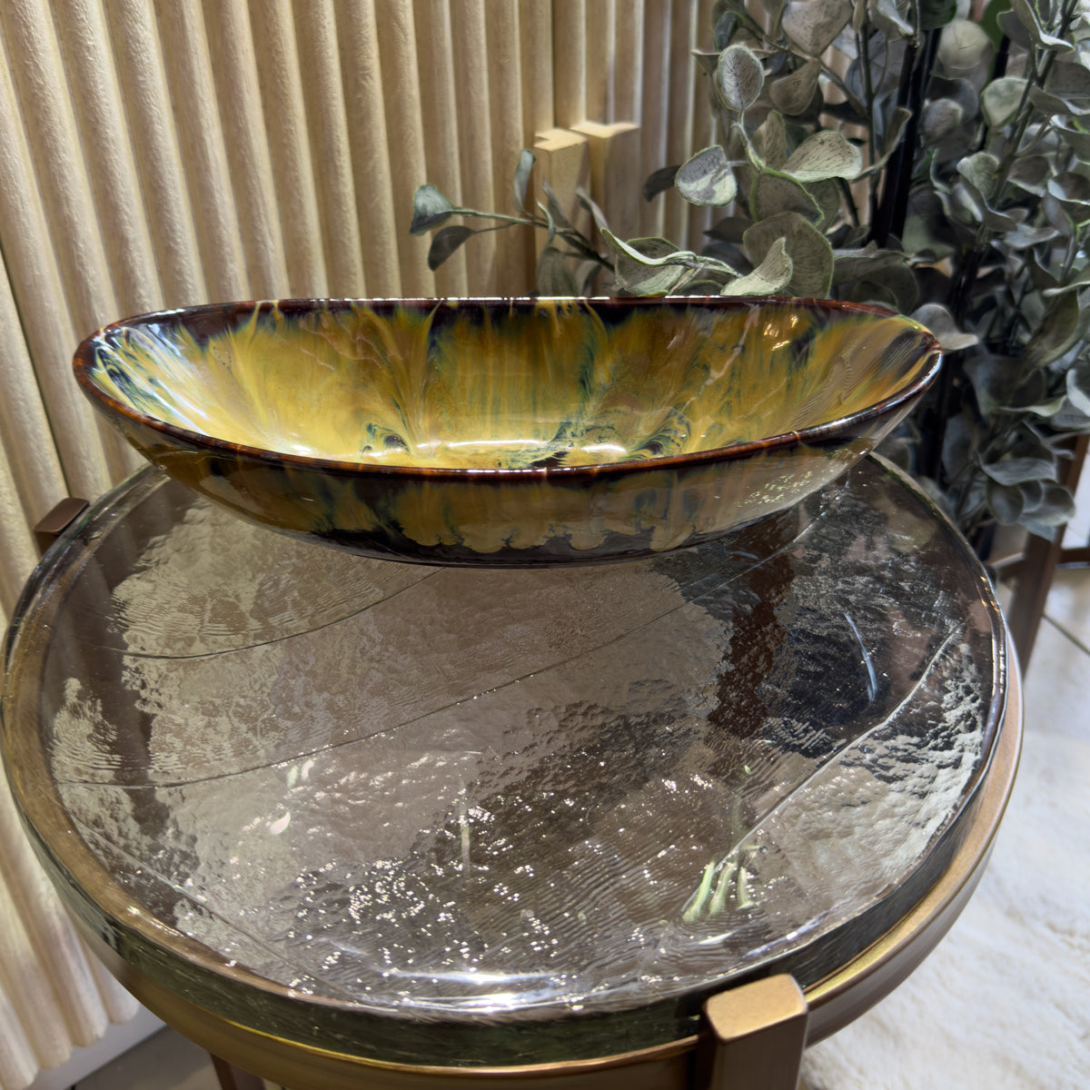 Glazed Blue & Beige Oval Bowl