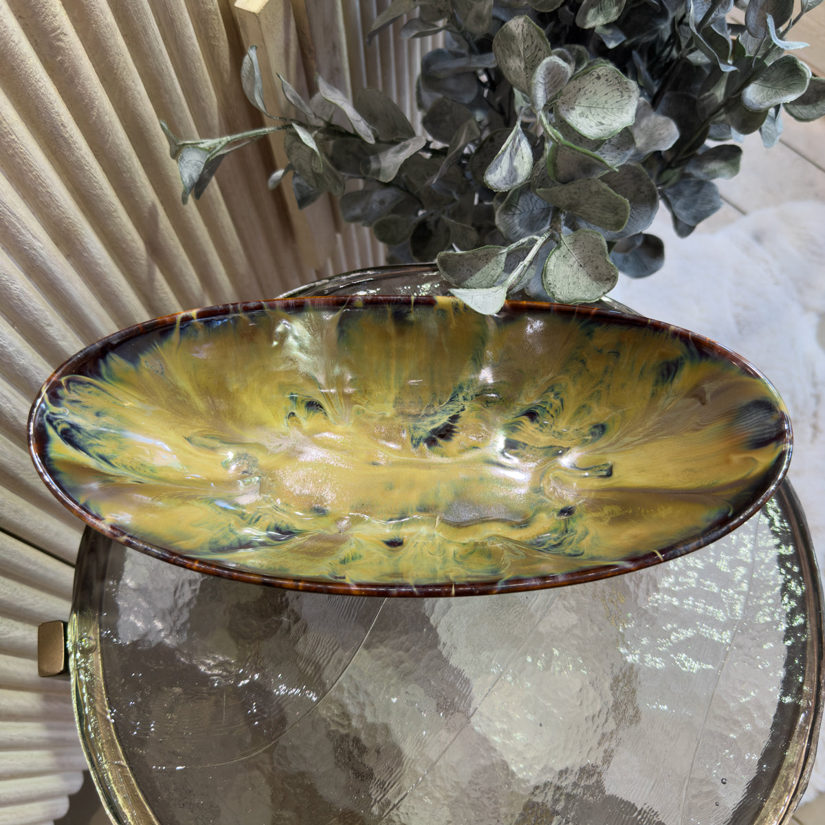 Glazed Blue & Beige Oval Bowl