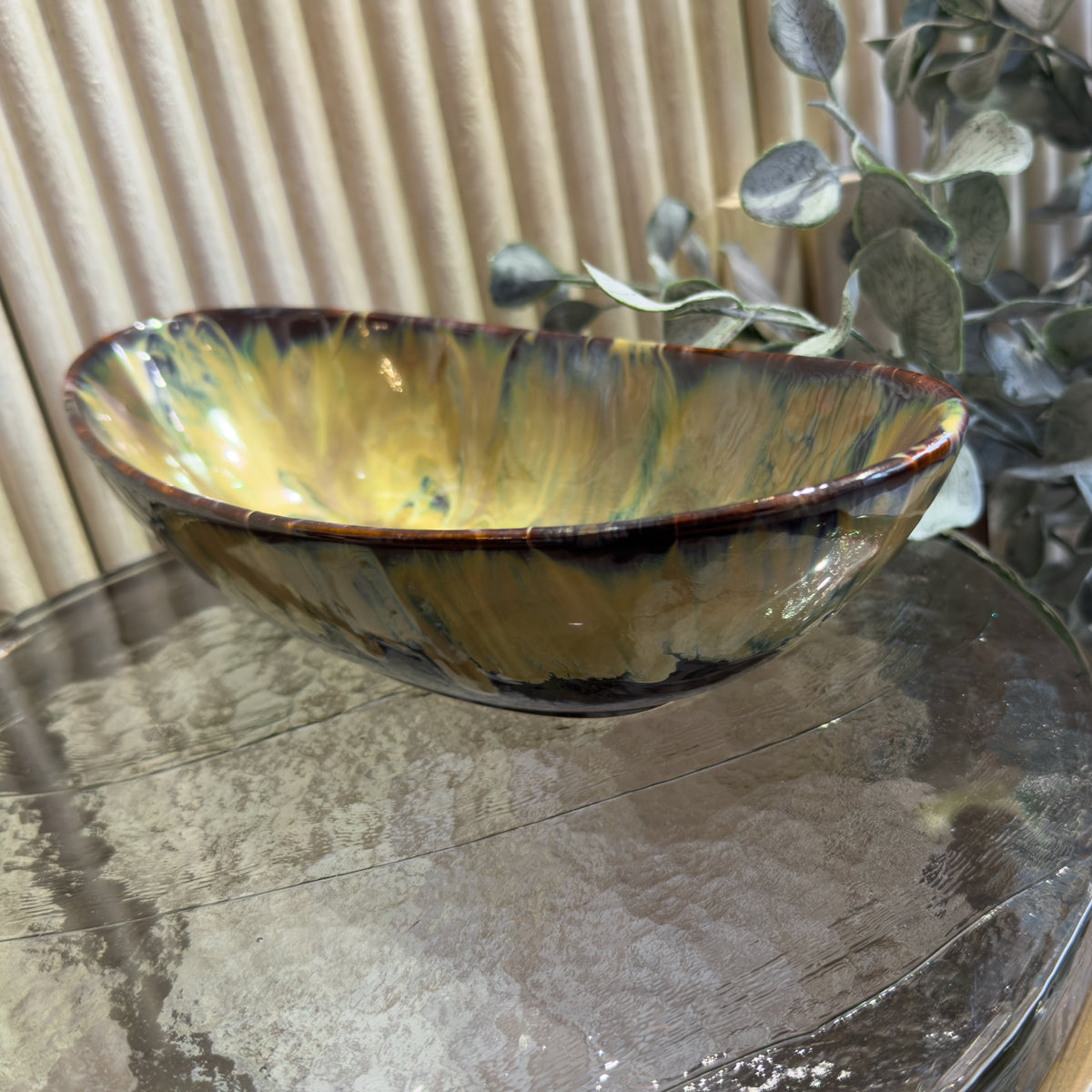 Glazed Blue & Beige Oval Bowl