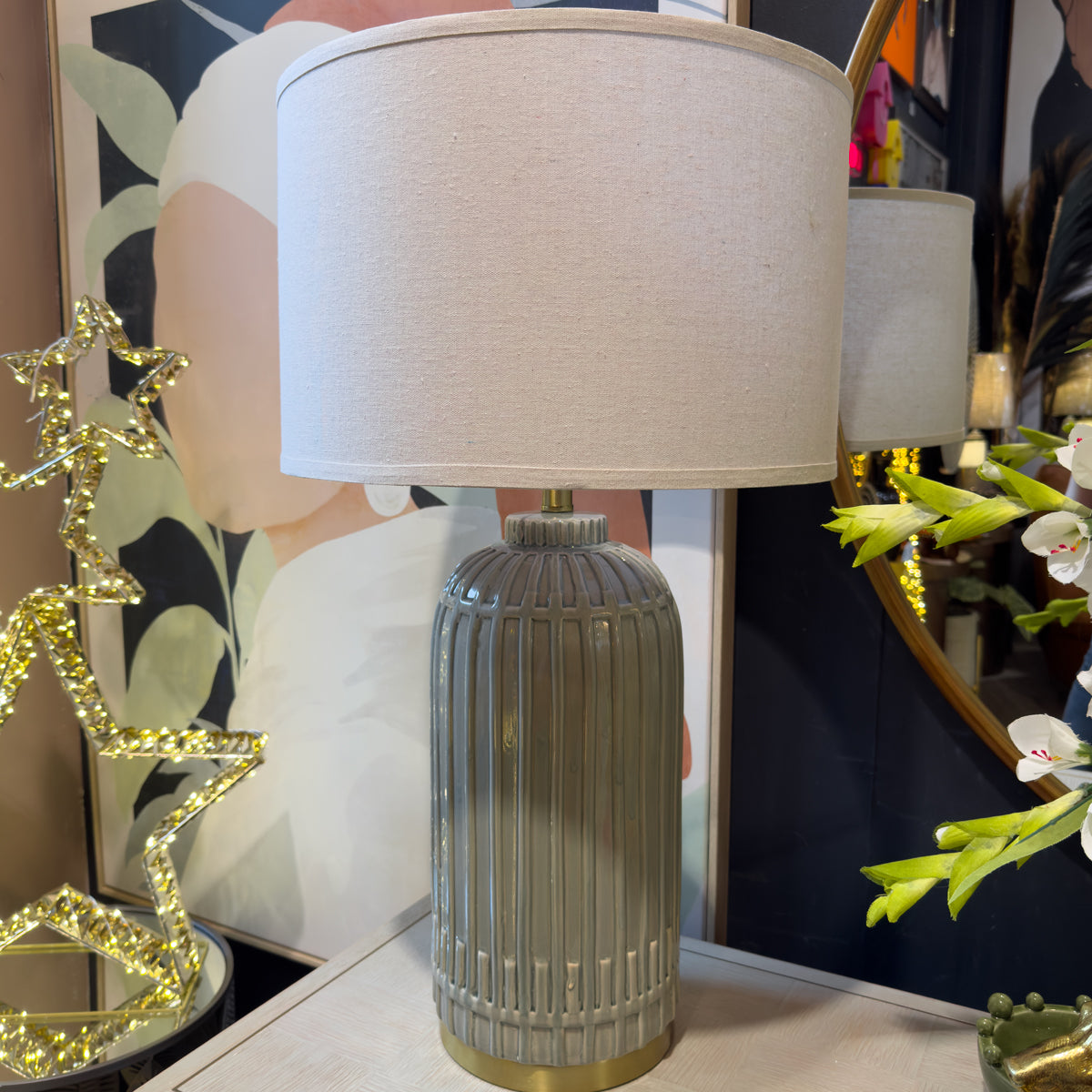 Glossy Grey Ribbed Ceramic Table Lamp