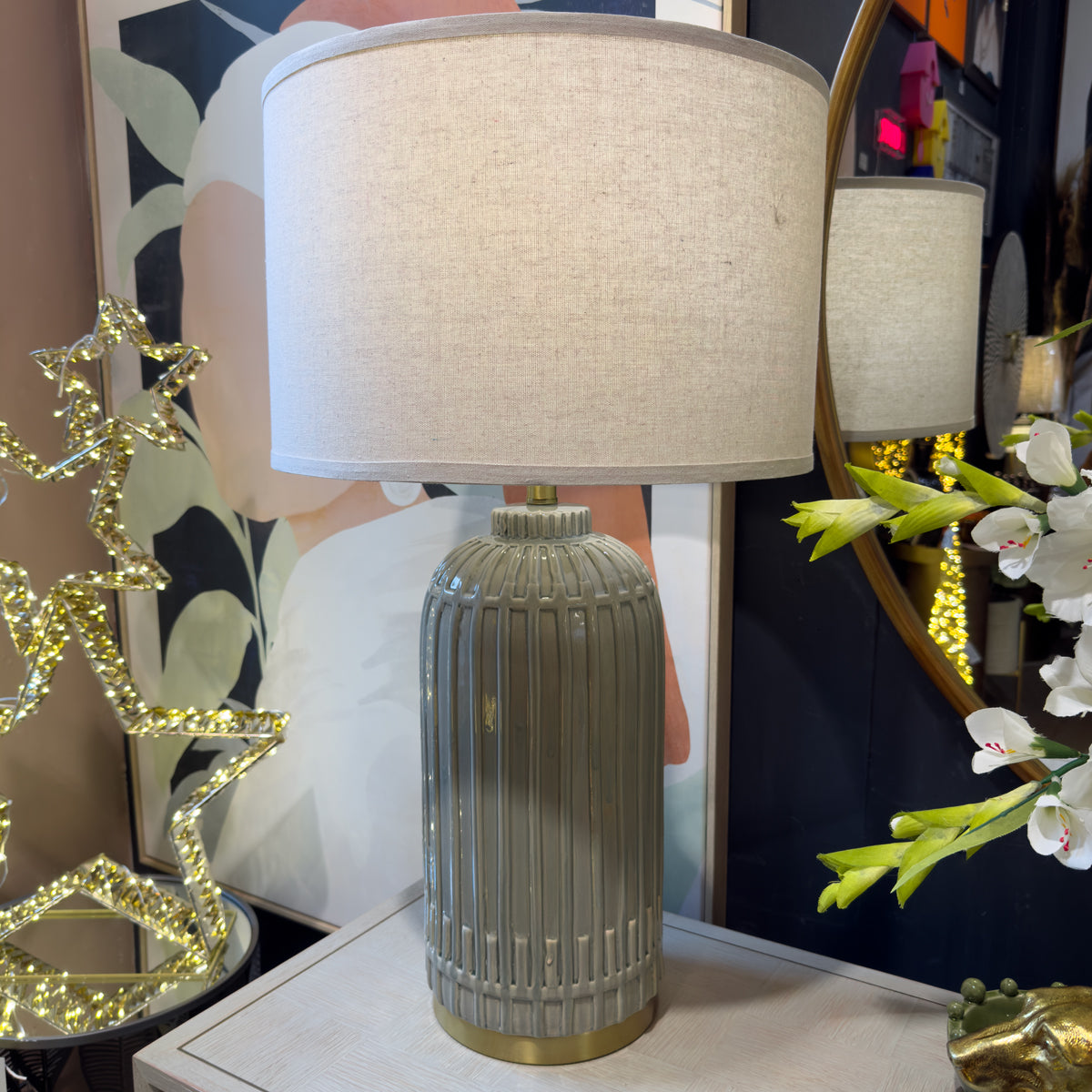 Glossy Grey Ribbed Ceramic Table Lamp