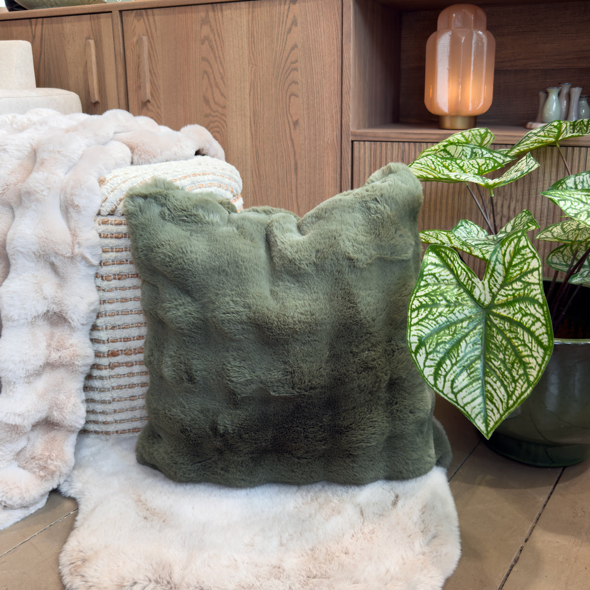 Luxe Sage Wavy Faux Fur Cushion - 50x50cm