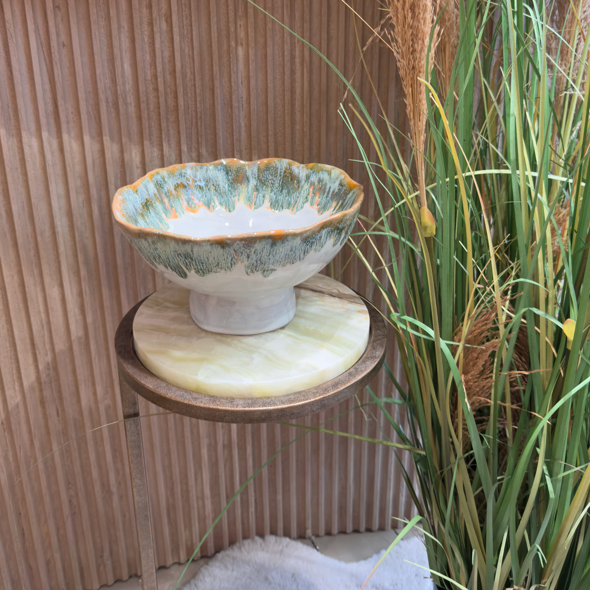 Green Melange Stoneware Bowl on Stand