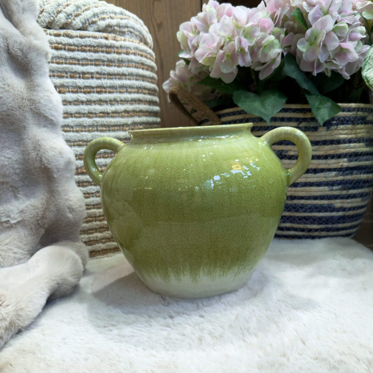 Green & White Ombre Glazed Handle Vase - Round
