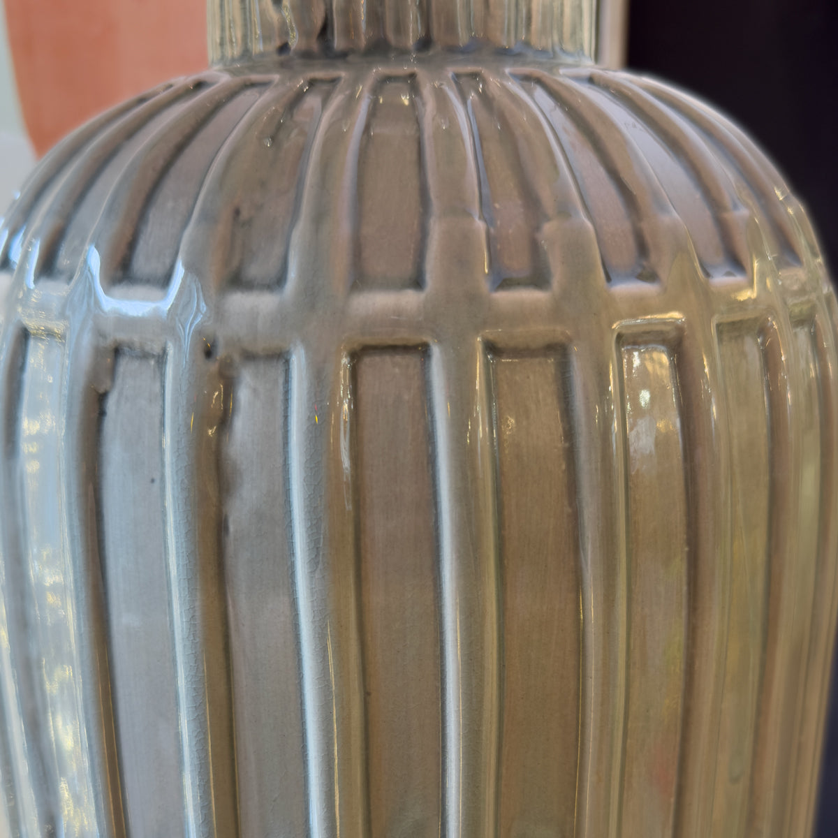 Glossy Grey Ribbed Ceramic Table Lamp