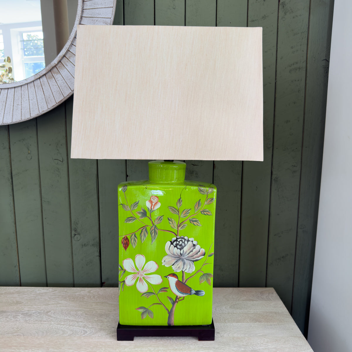 Olive Painted Floral & Bird Lamp