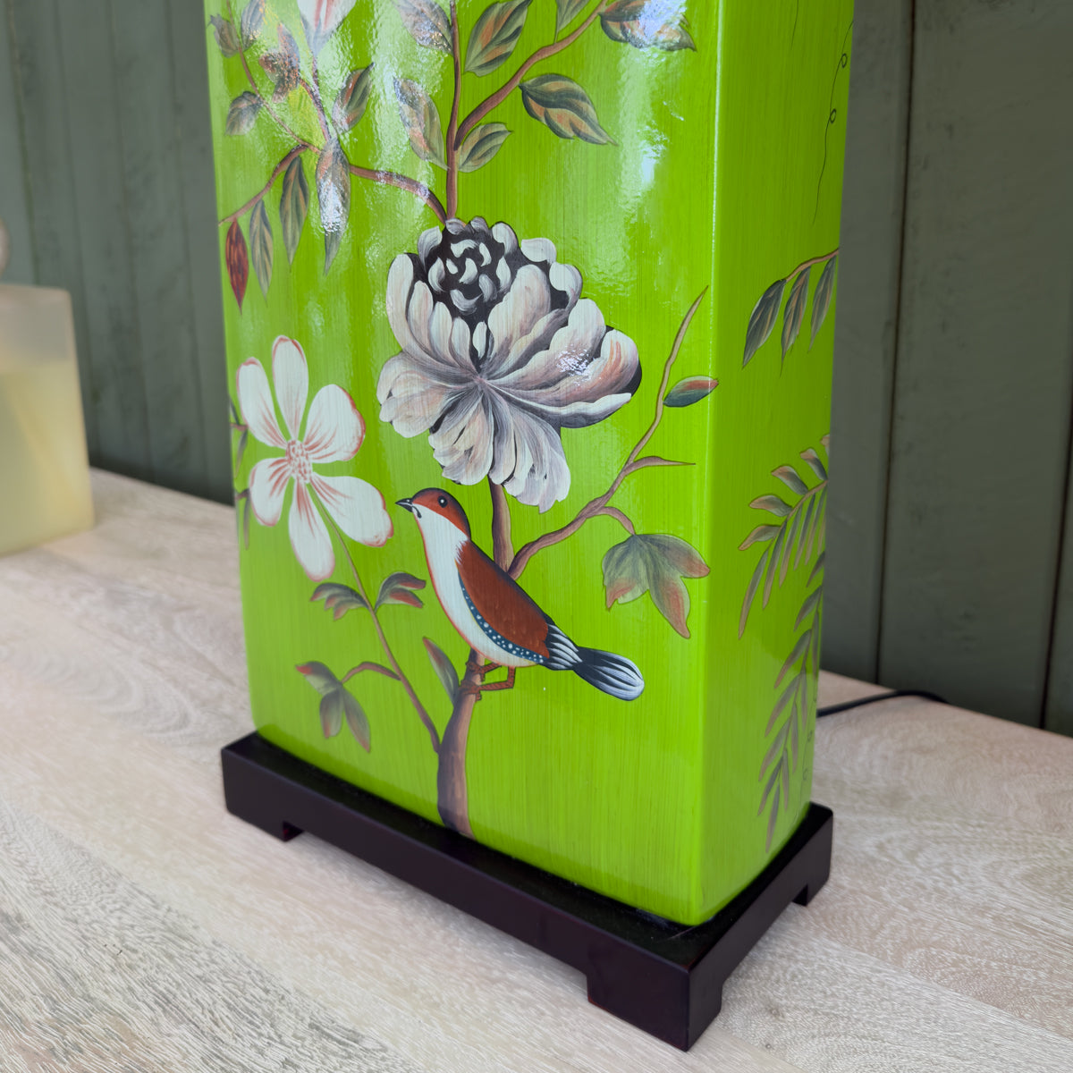 Olive Painted Floral & Bird Lamp