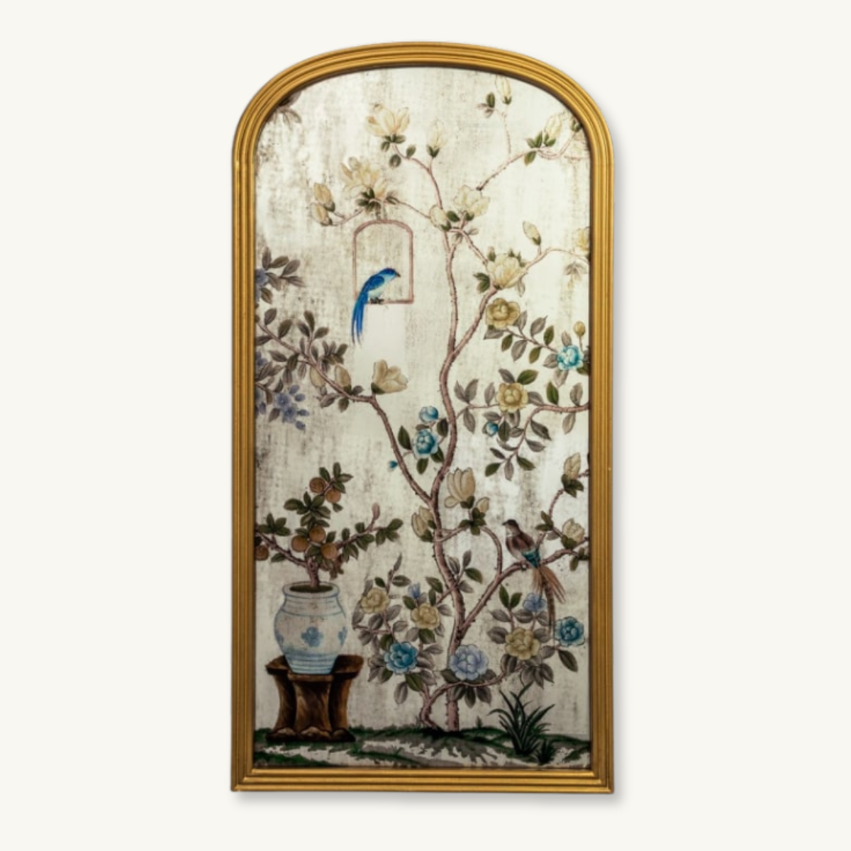 Golden Arch Oriental Bird & Vase Pattern Mirror