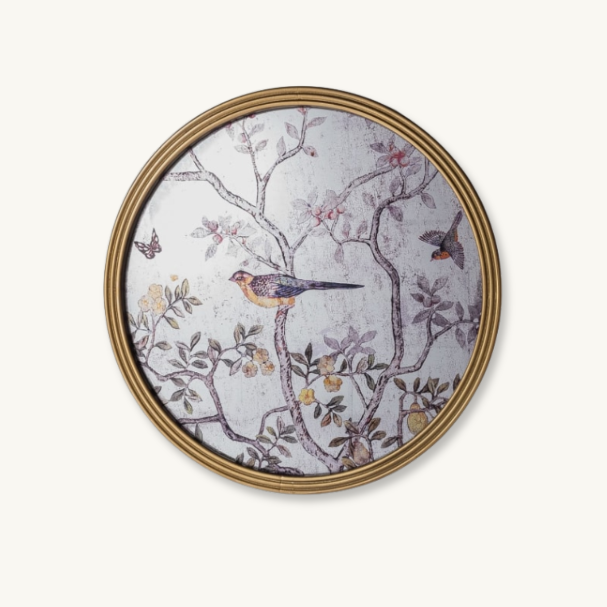 Gold Oriental Tree & Bird Distressed Glass Mirror