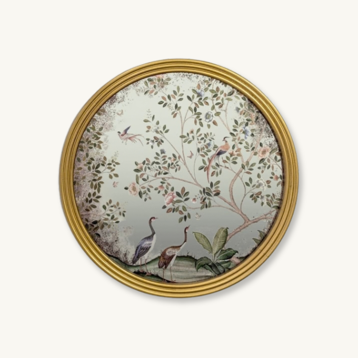 Golden Round Bird & Tree Pattern Mirror