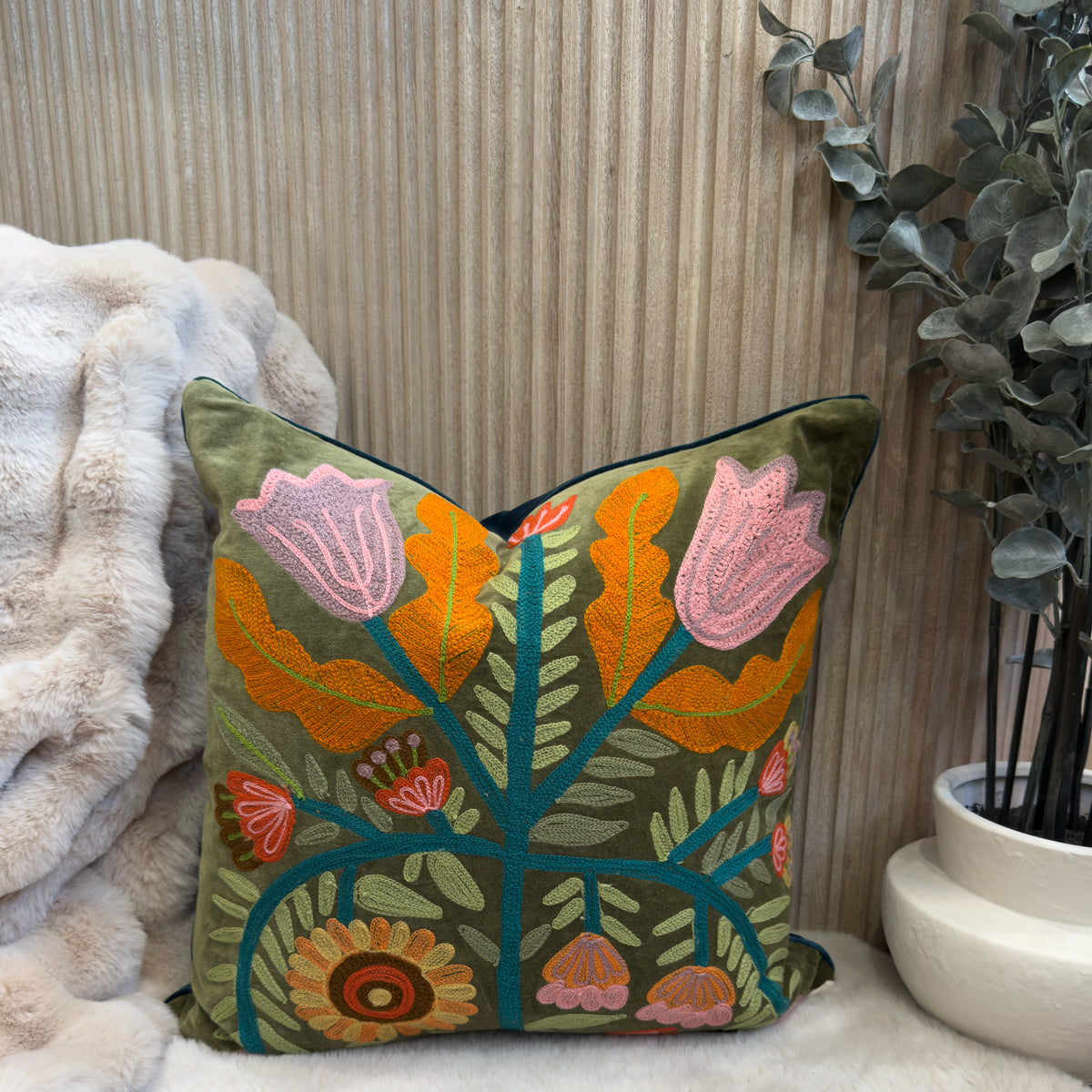 Moss Green & Multi Vintage Florals Cushion - 50x50cm