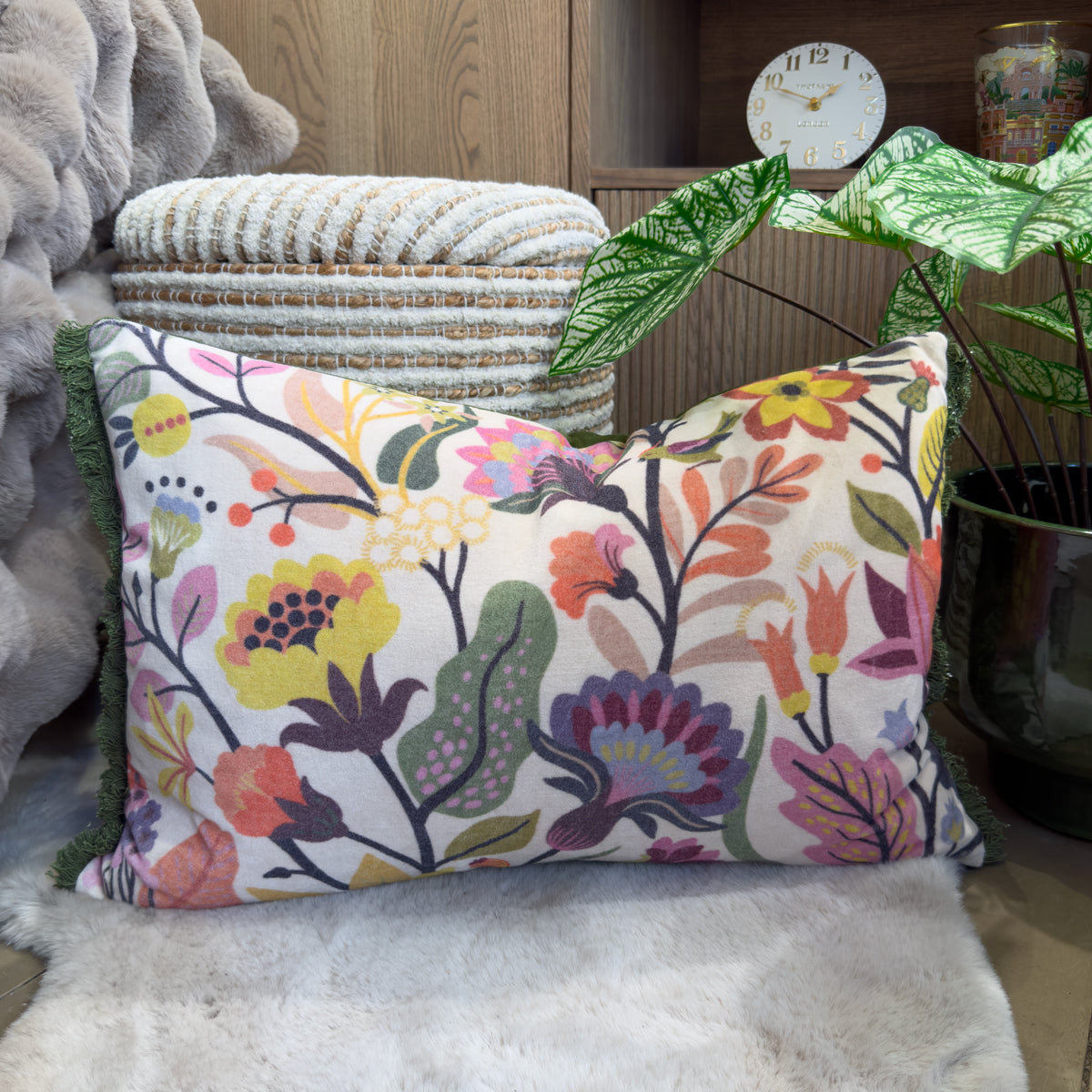 Cream Fringed Multicolour Floral Cushion - 40x60cm