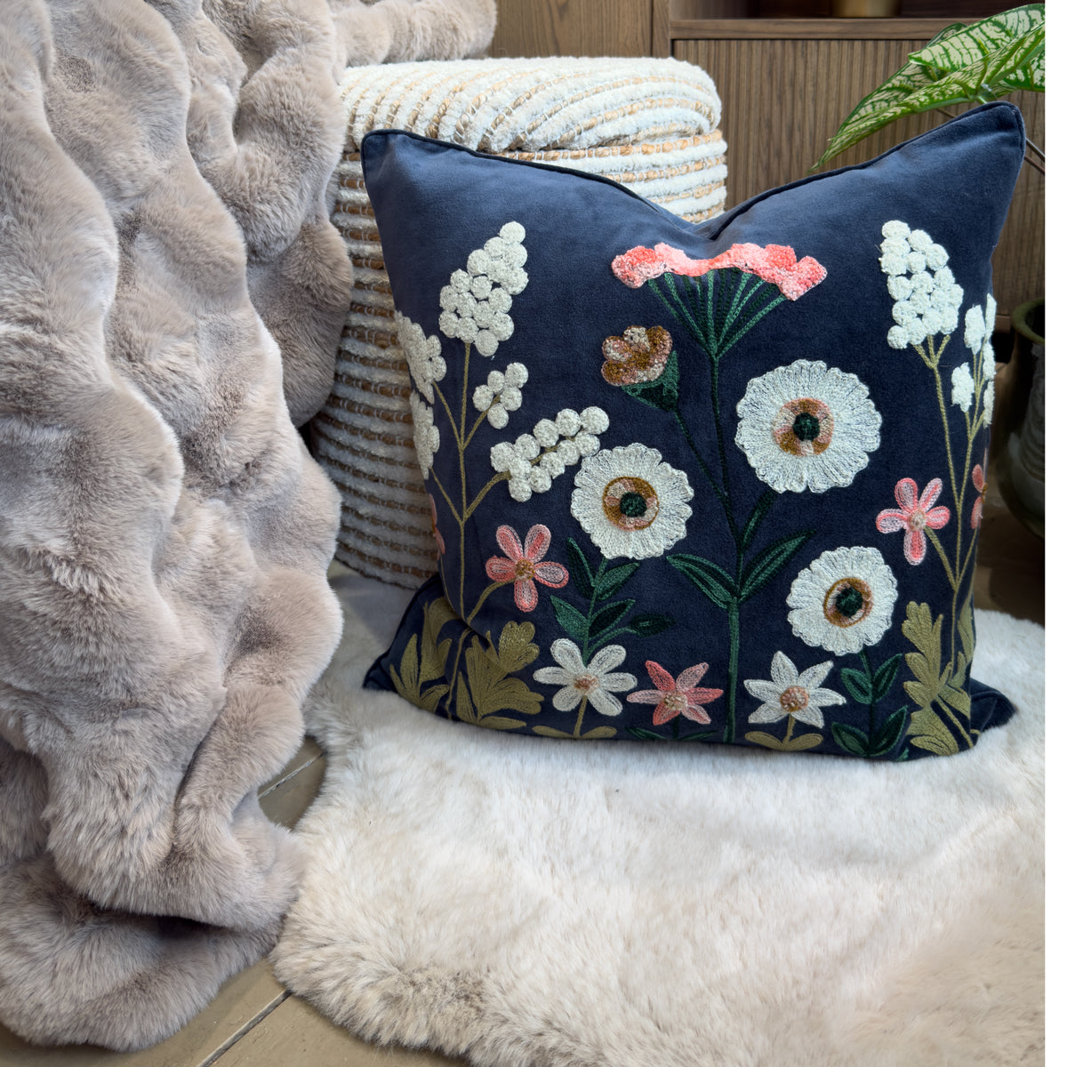Navy Traditional Floral Embroidered Cushion -50x50cm