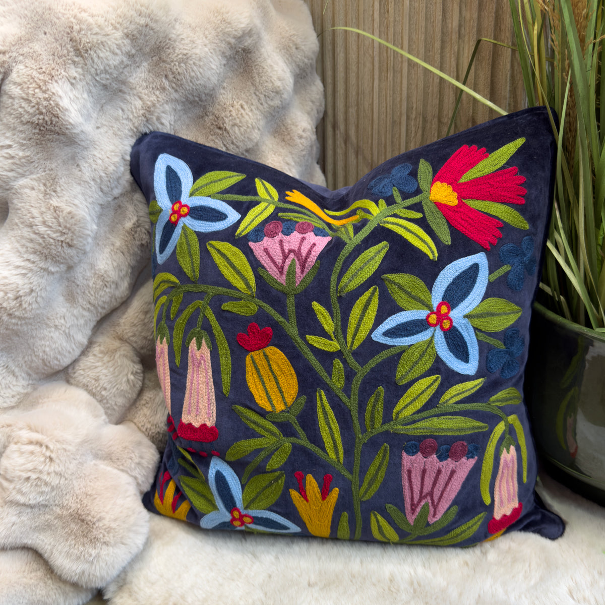 Navy Embroidered Tropical Flower Cushion - 50x50cm