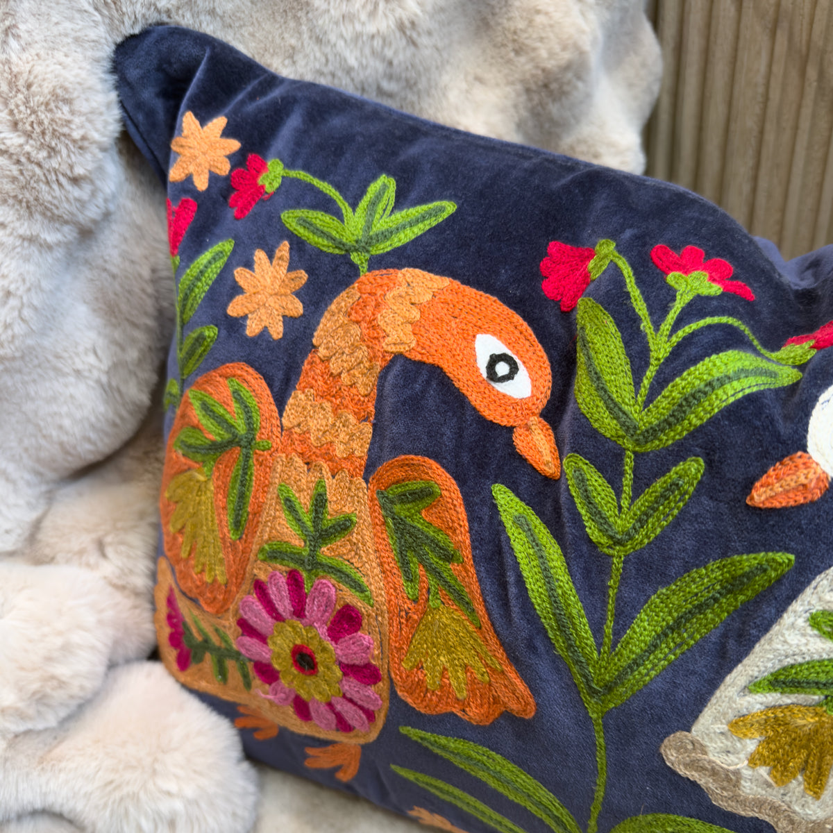 Navy Embroidered Swan & Floral Cushion - 40x60cm