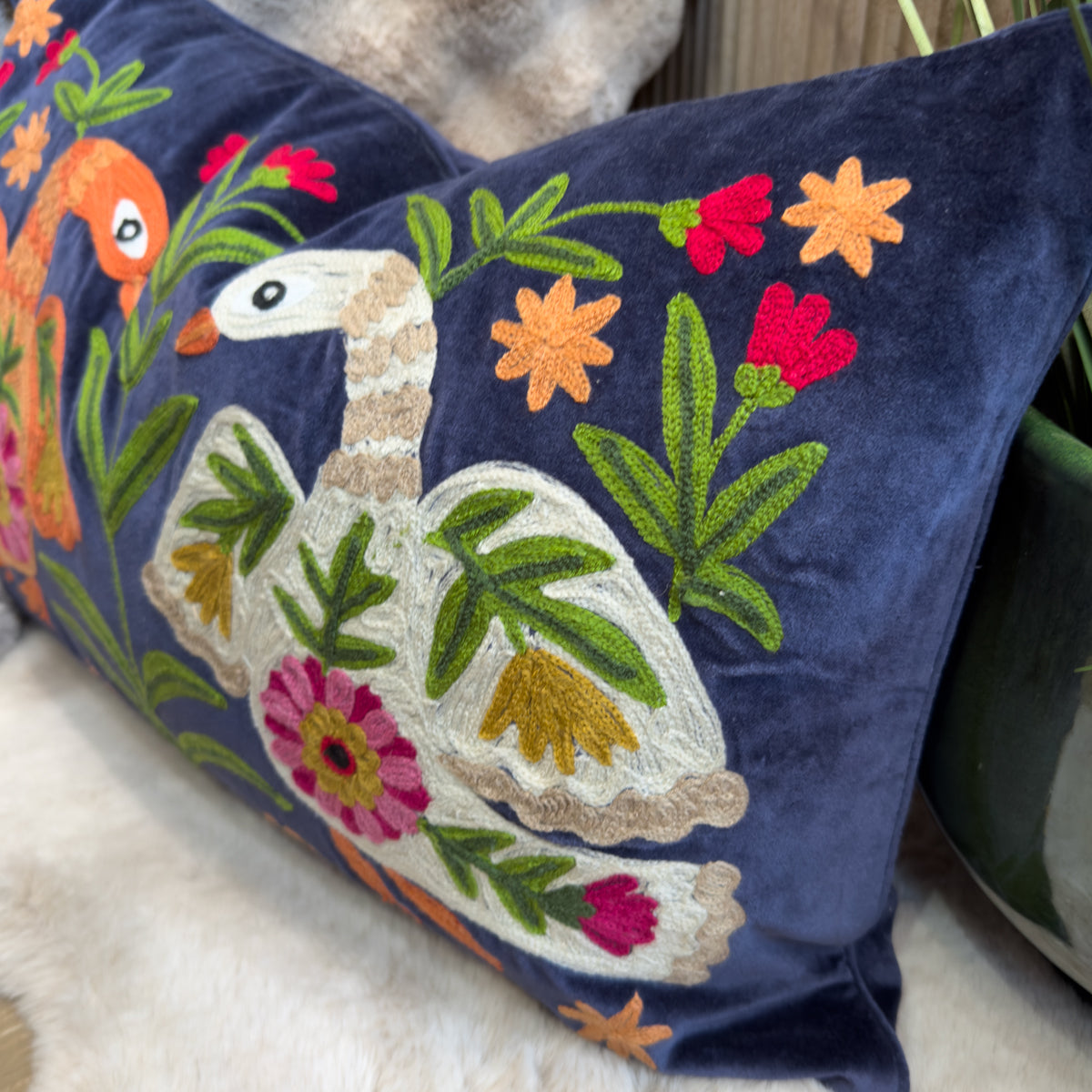Navy Embroidered Swan & Floral Cushion - 40x60cm
