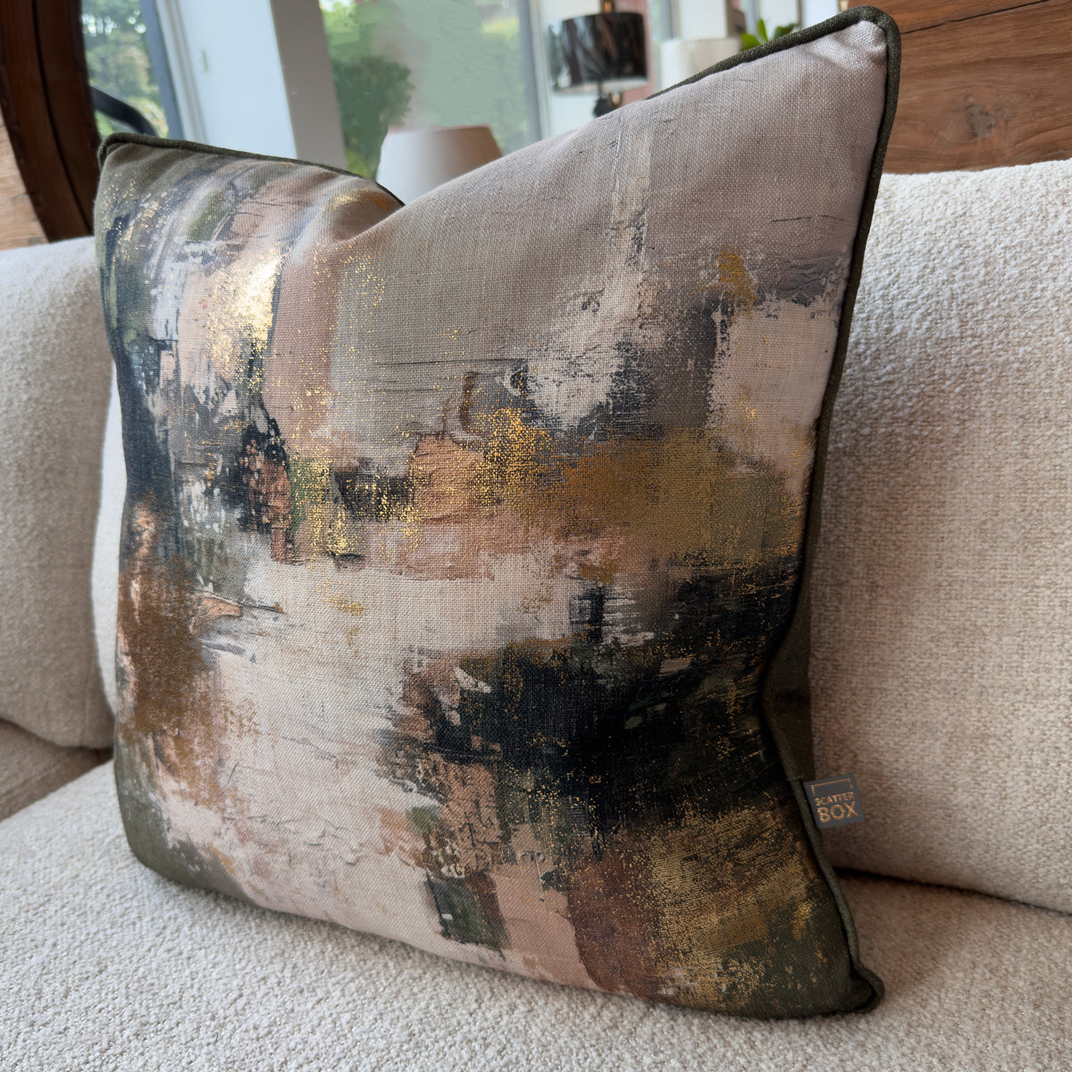 Olive Green & Gold Distressed Foil Cushion - 50x50cm