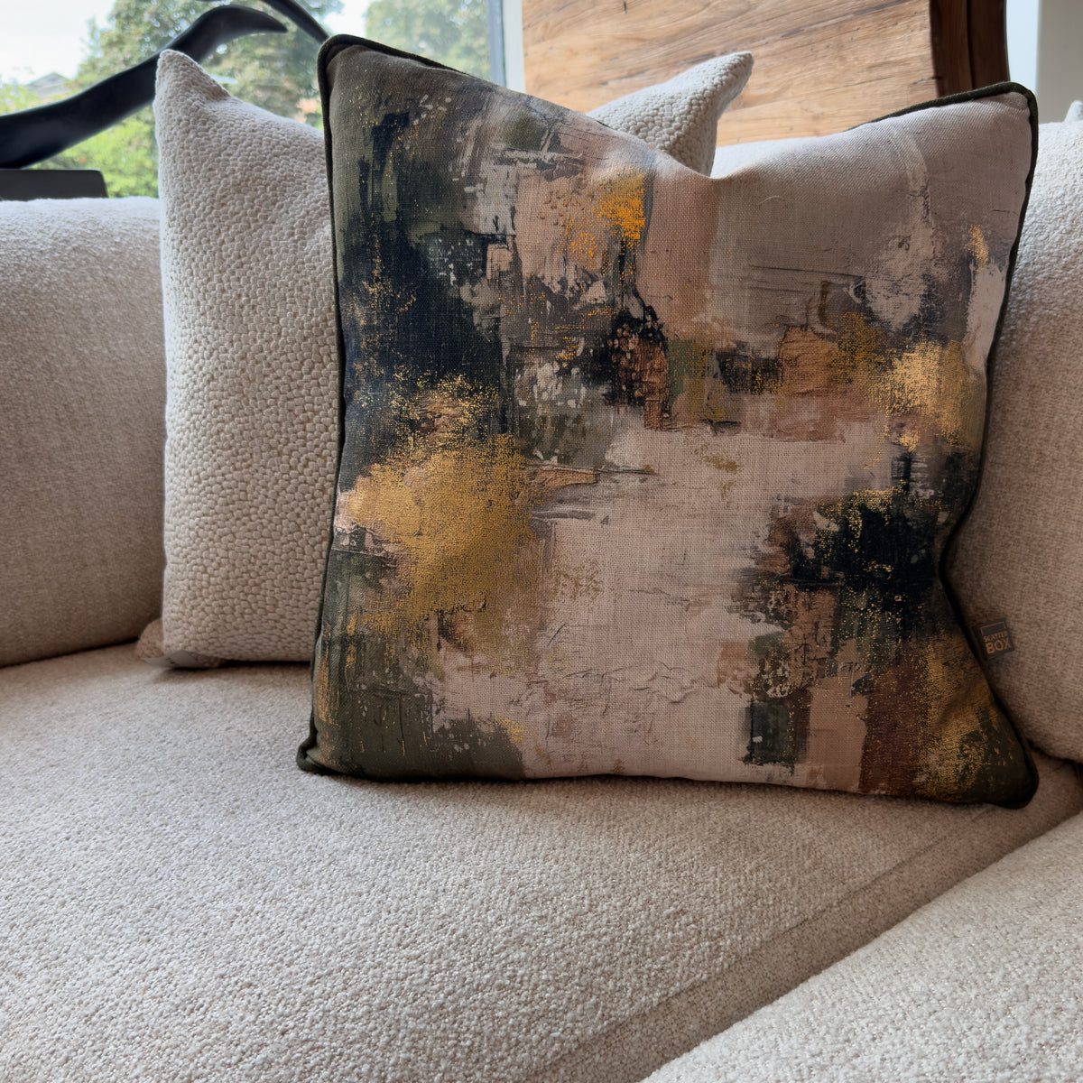 Olive Green & Gold Distressed Foil Cushion - 50x50cm