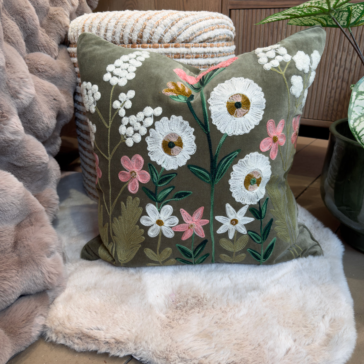 Olive Traditional Floral Embroidered Cushion -50x50cm