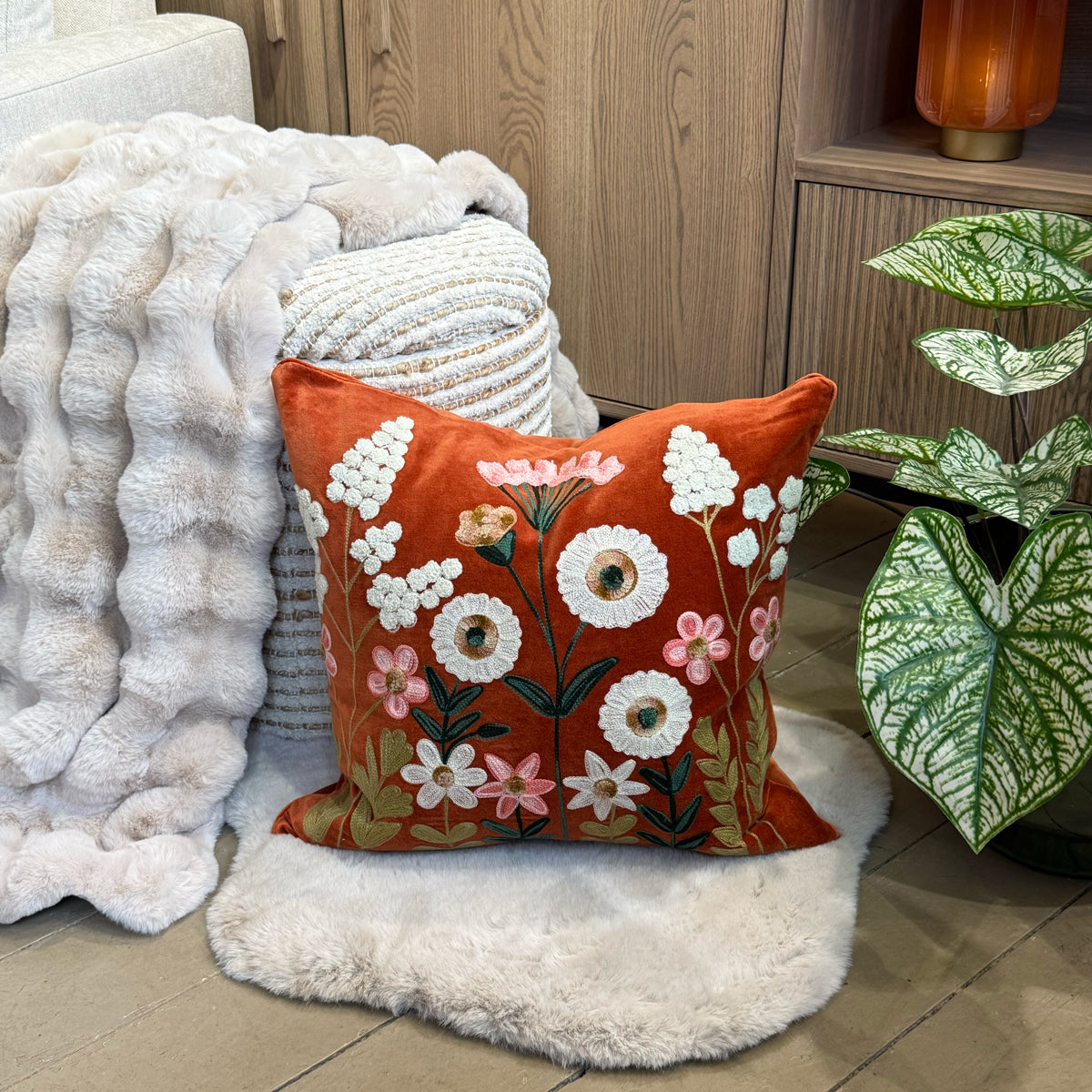 Orange Traditional Floral Embroidered Cushion - 50x50cm