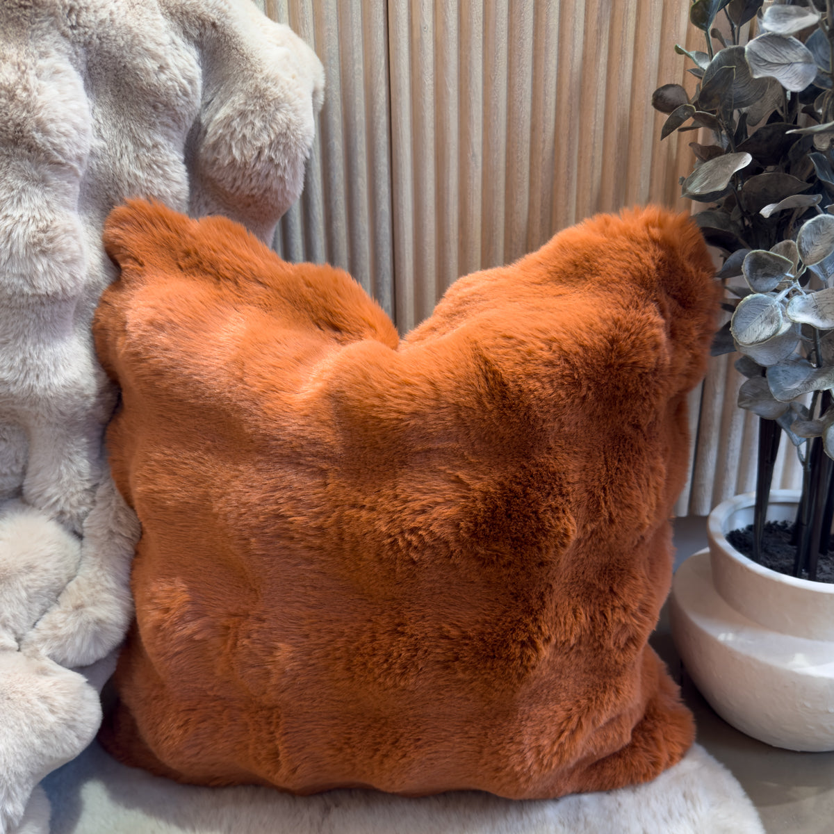 Luxe Orange Wavy Faux Fur Cushion - 50x50cm