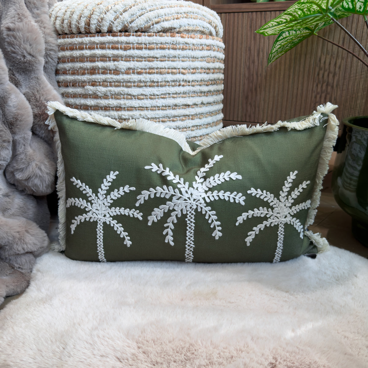 Olive & Cream Fringed Palm Cushion - 30x50cm