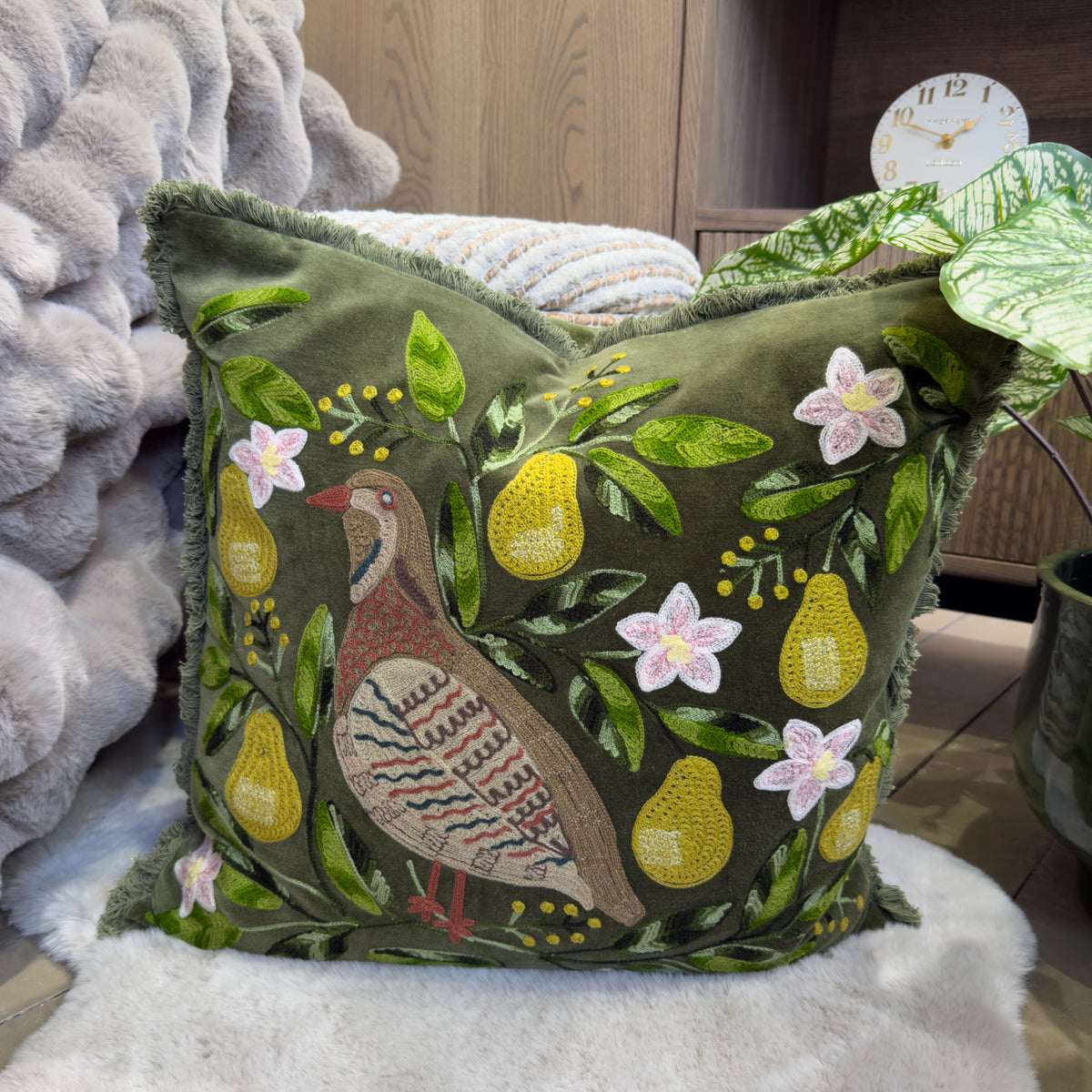 Olive Green Partridge Embroidered Cushion -50x50cm
