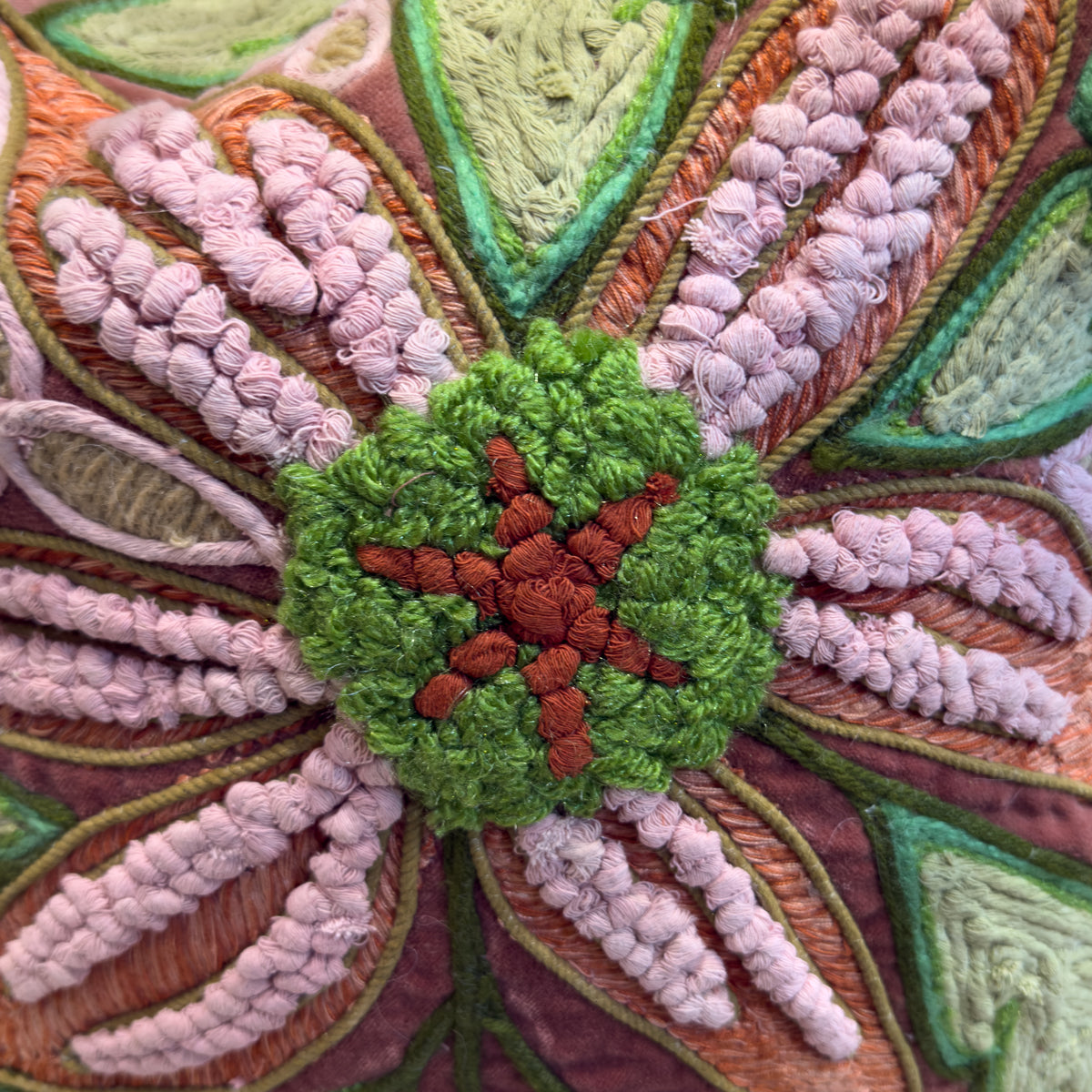 Rose Pink & Green Embroidered Flower Cushion -50x50cm