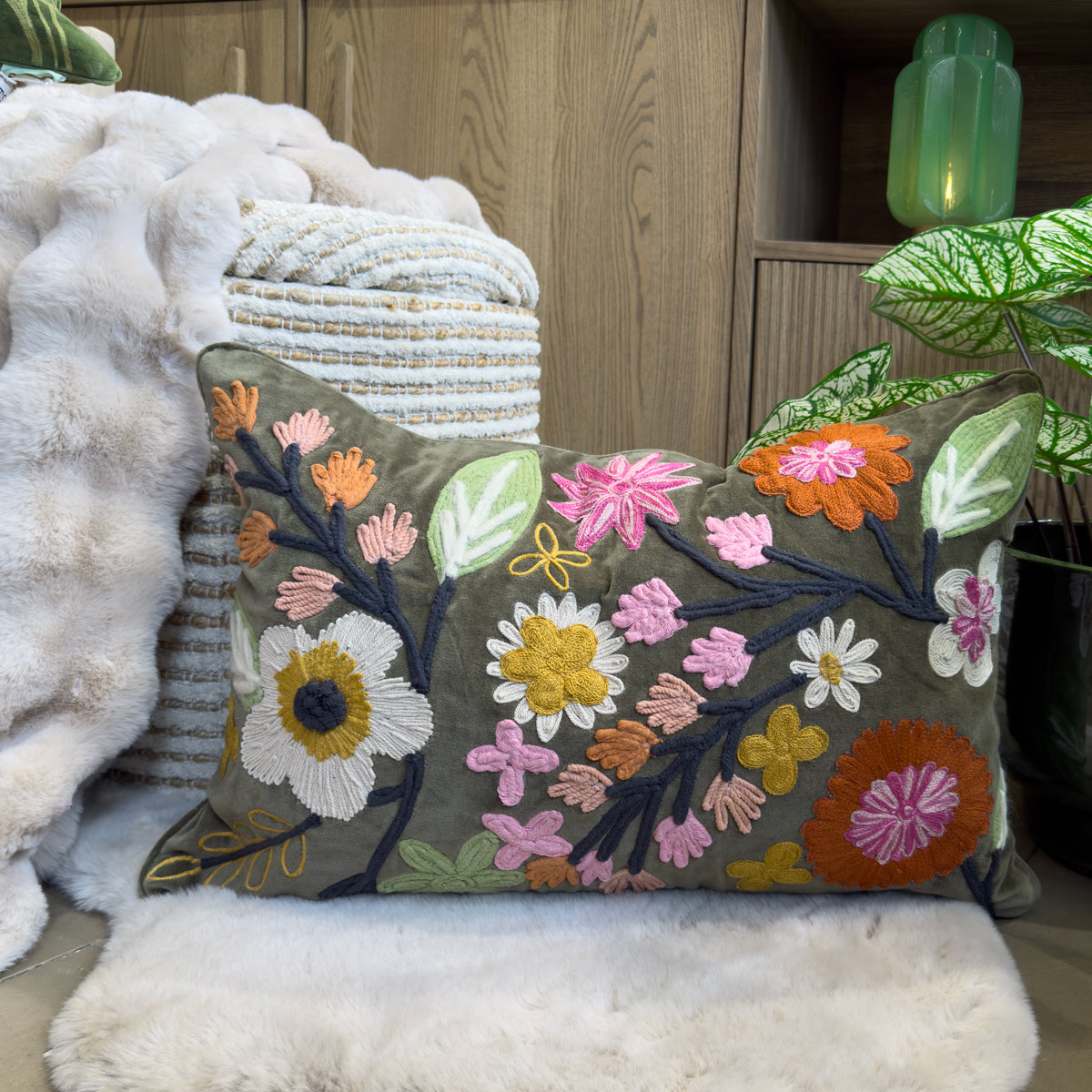 Pale Sage & Pink Floral Embroidered Cushion - 40X60cm