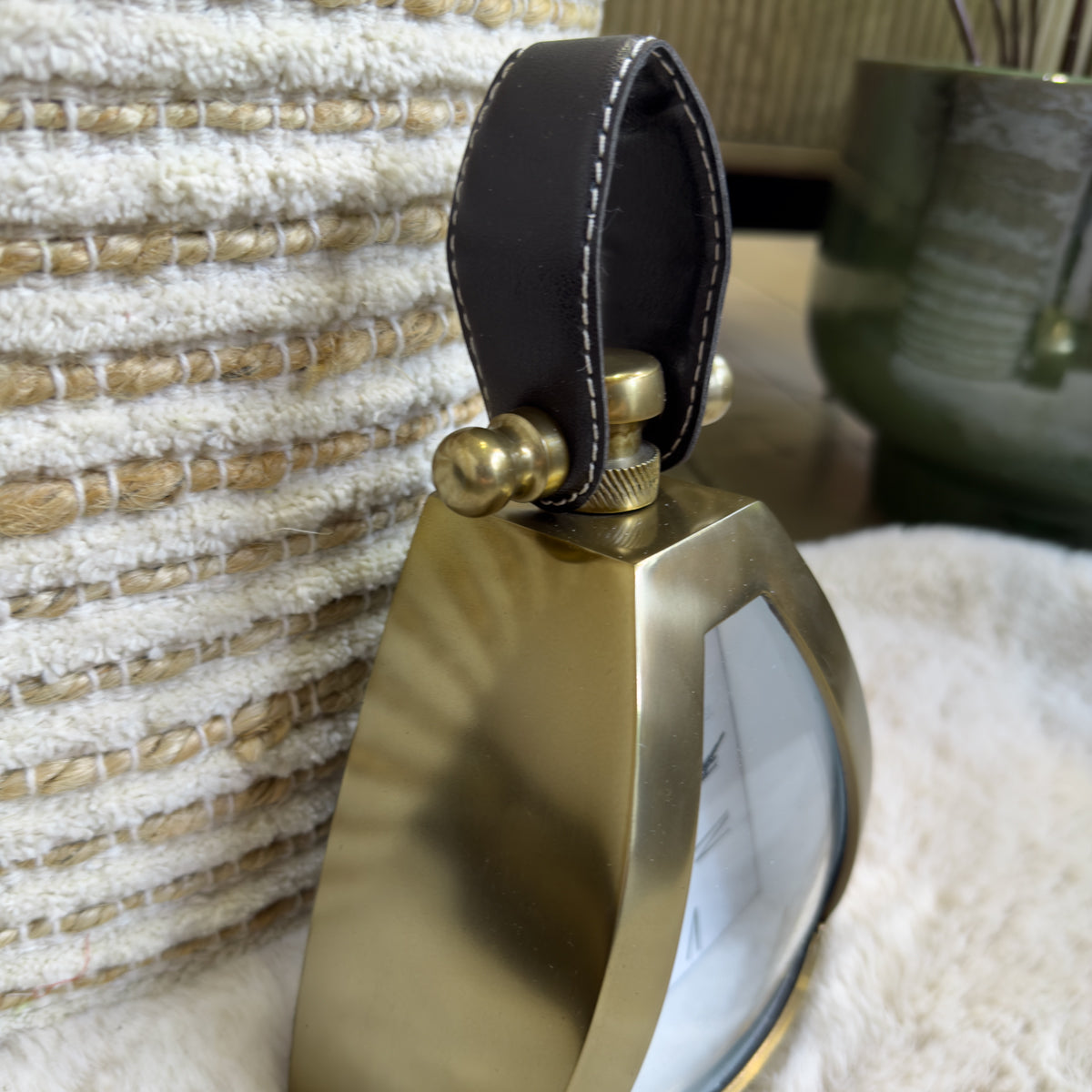 Triangular Brass Mantel Clock with Leather Handle - Small