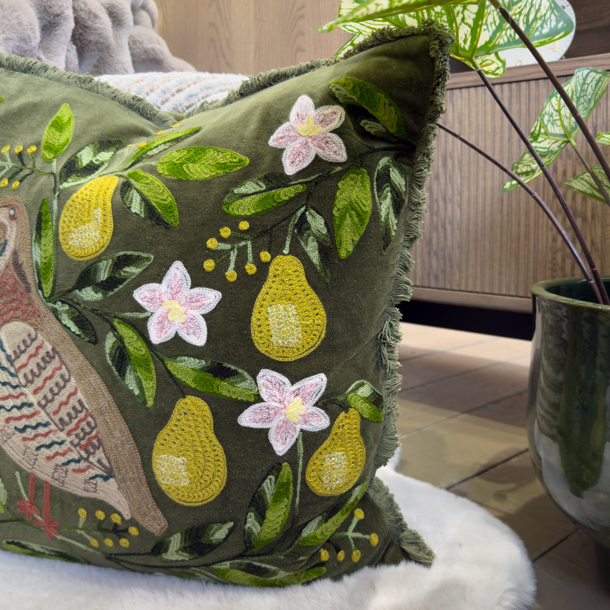 Olive Green Partridge Embroidered Cushion -50x50cm