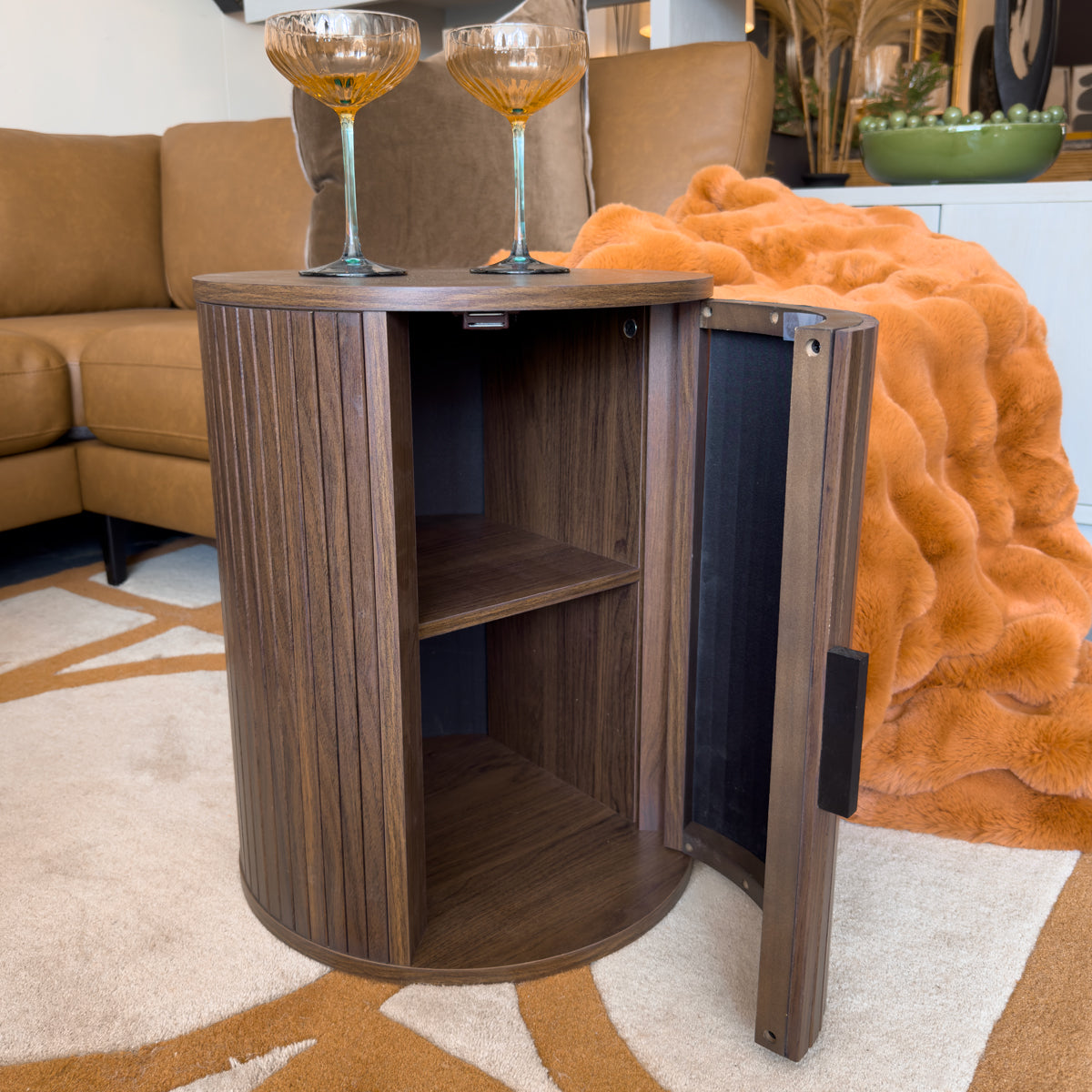 Pine Wood Slatted Cylindrical Side Table