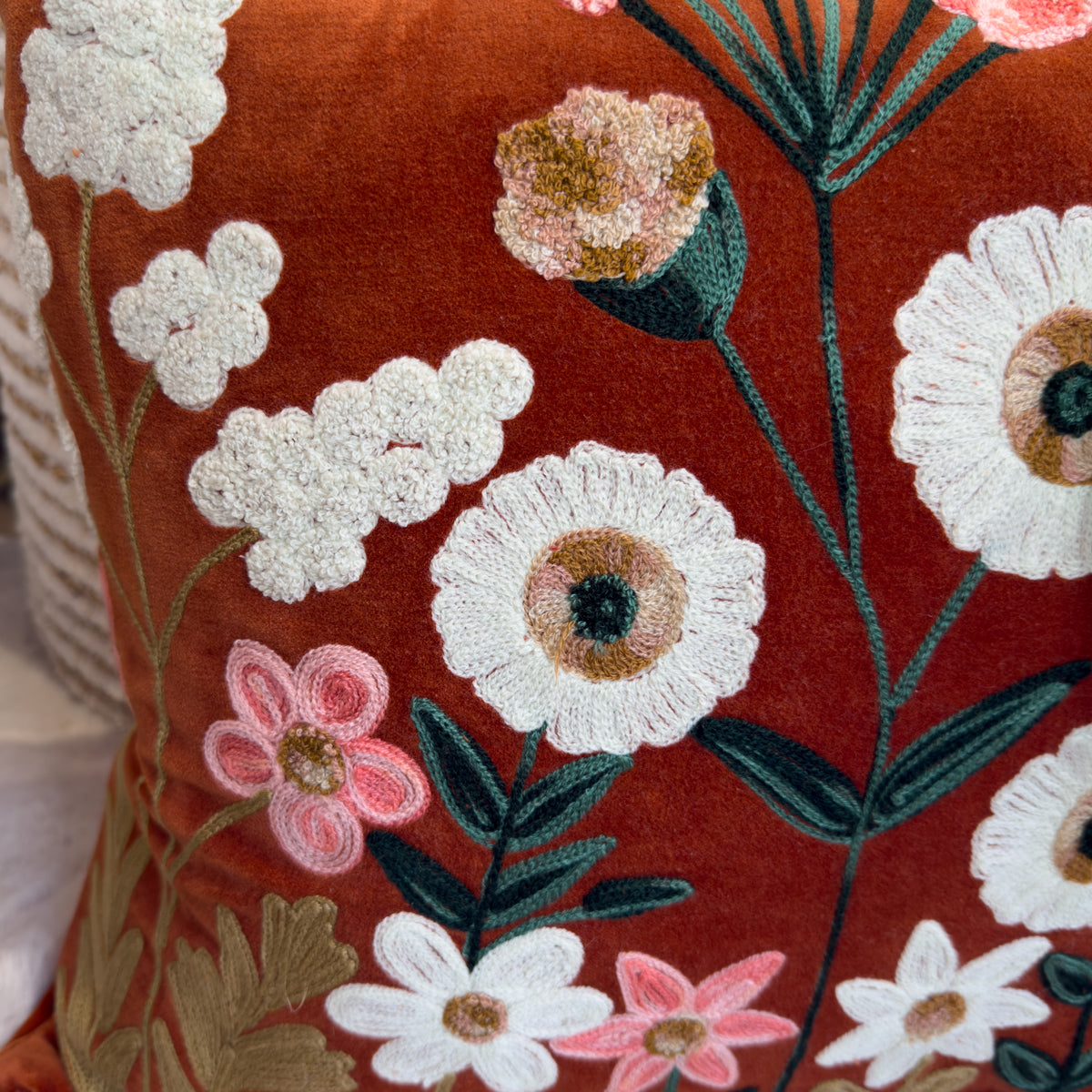 Orange Traditional Floral Embroidered Cushion - 50x50cm