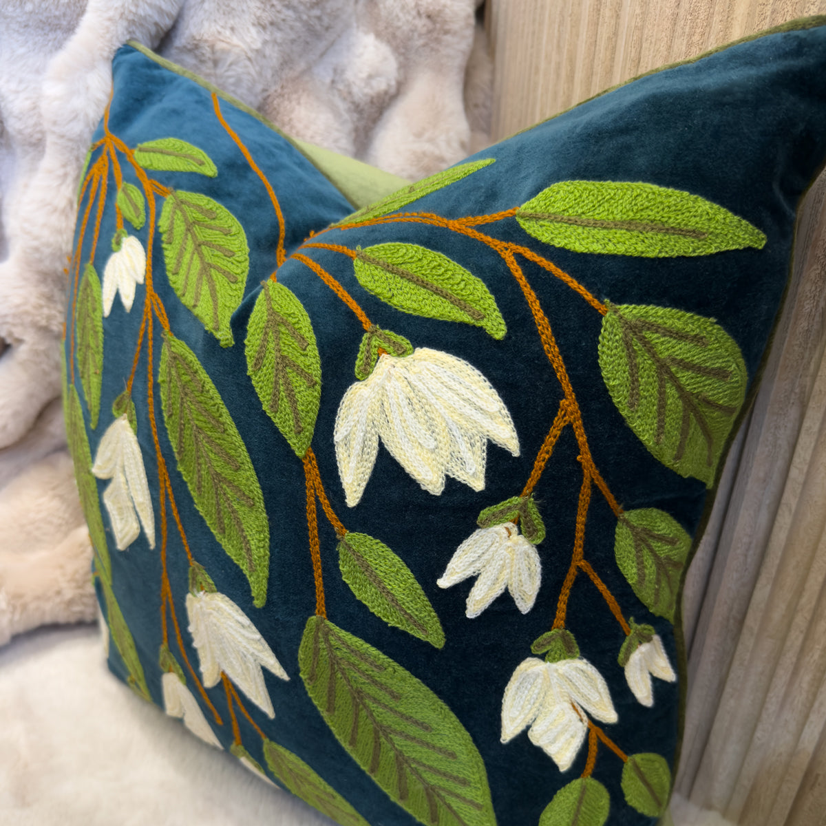 Teal & Cream Floral Vines Cushion - 50x50cm