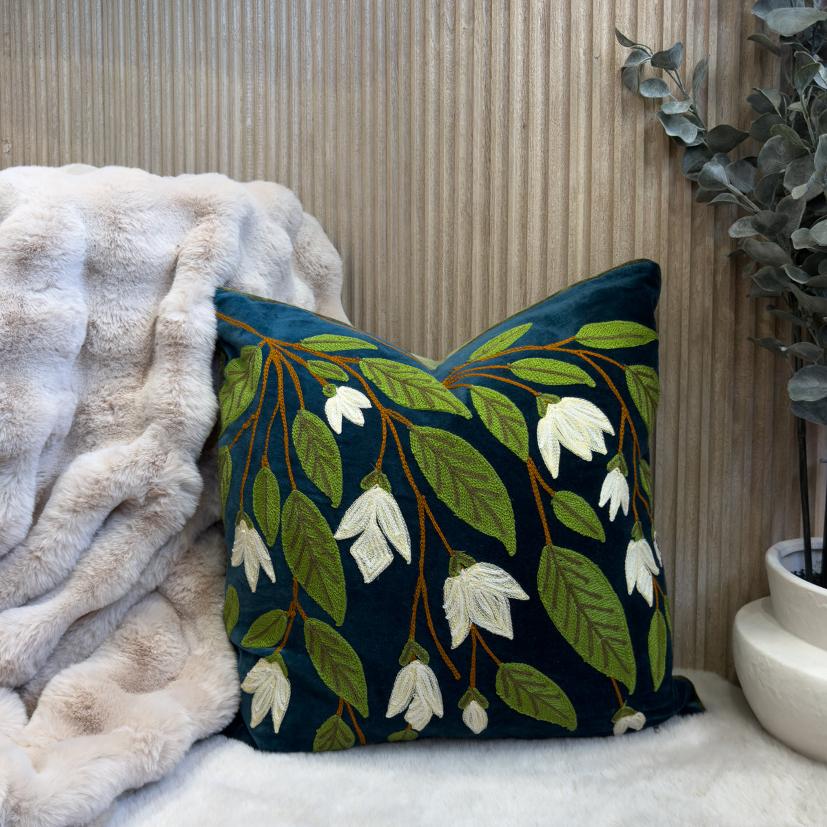 Teal & Cream Floral Vines Cushion - 50x50cm