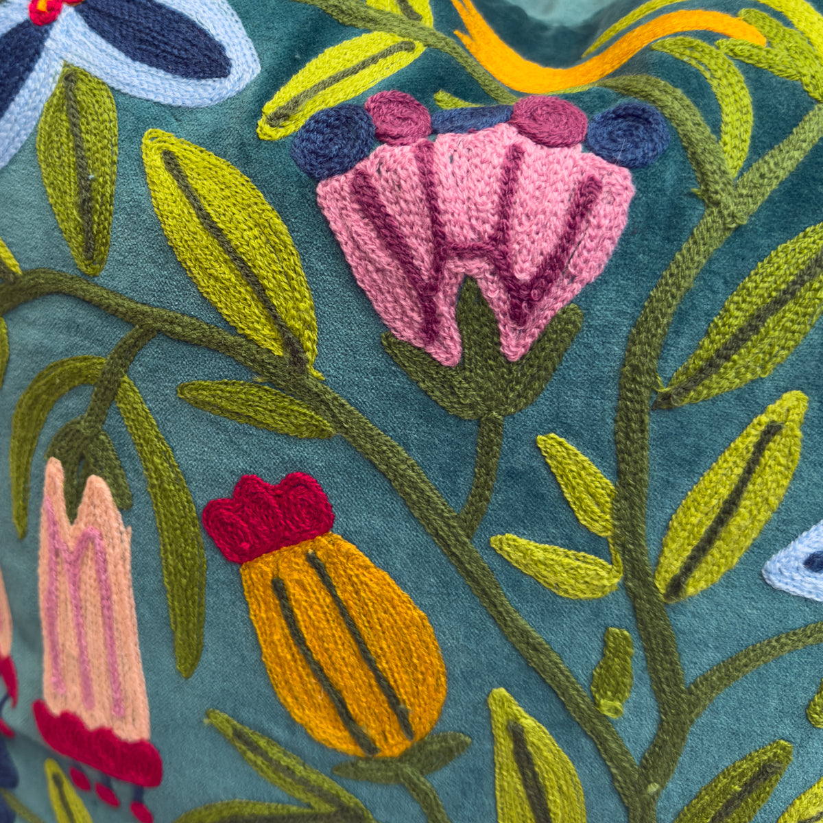 Teal Embroidered Tropical Flower Cushion - 50x50cm