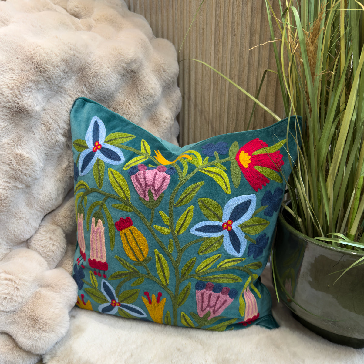 Teal Embroidered Tropical Flower Cushion - 50x50cm
