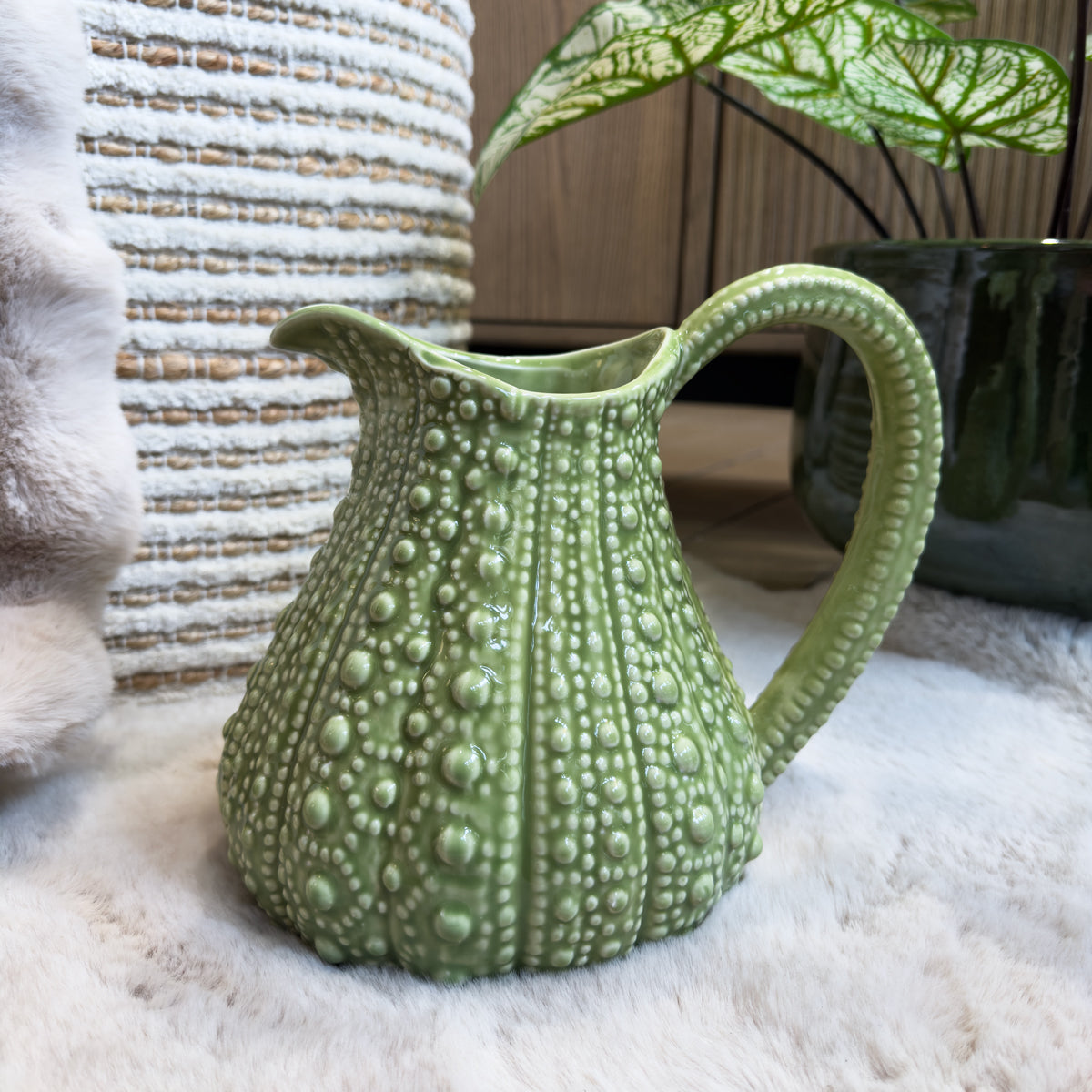 Olive Glossy Bobbled Urchin Jug